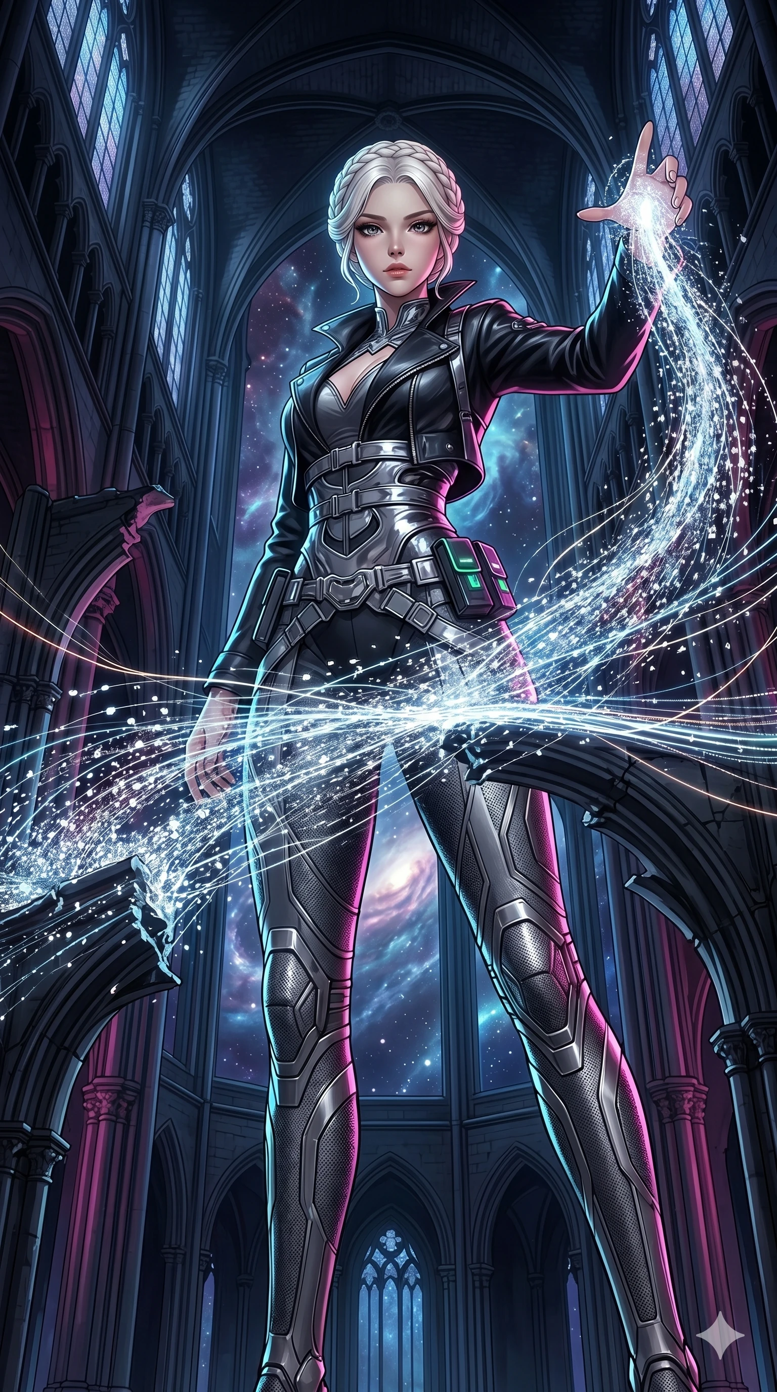 score_9, masterpiece, best quality, ultra-detailed, High-budget Anime Keyframe, vibrant colors, fluid line-art, expressive lighting, cinematic composition, Ufotable-style visual effects, top-tier animation quality, Japanese woman with delicate and elegant anime-inspired features. Wide-angle low shot emphasizing her elegant legs and commanding stature. Orchestrating a storm of trillions of nanobots to repair a massive broken bridge over a canyon of light. She has an well-proportioned figure, an tall and elegant figure with elegant legs and an graceful posture, her statuesque height and towering silhouette dominating the vertical 9:16 frame. Her face is a masterpiece featuring a sharp v-shaped jawline, high-bridge nose, intricate jewel-like eyes with depth, thick eyelashes, and glossy lips with a natural sheen. She is wearing a with a stylishly open collar leather jacket over a elegant top and a stylish belt harness crafted from Molten liquid mercury that flows and reflects the environment with metallic perfection, with integrated neon-lit tactical gear and intricate seam details. The scene is set in a majestic gothic cathedral in deep space with massive windows overlooking a swirling nebula, illuminated by harsh neon light and deep shadows creating a high-contrast noir aesthetic. 2k, ultra detail, master piece, 9:16 ratio