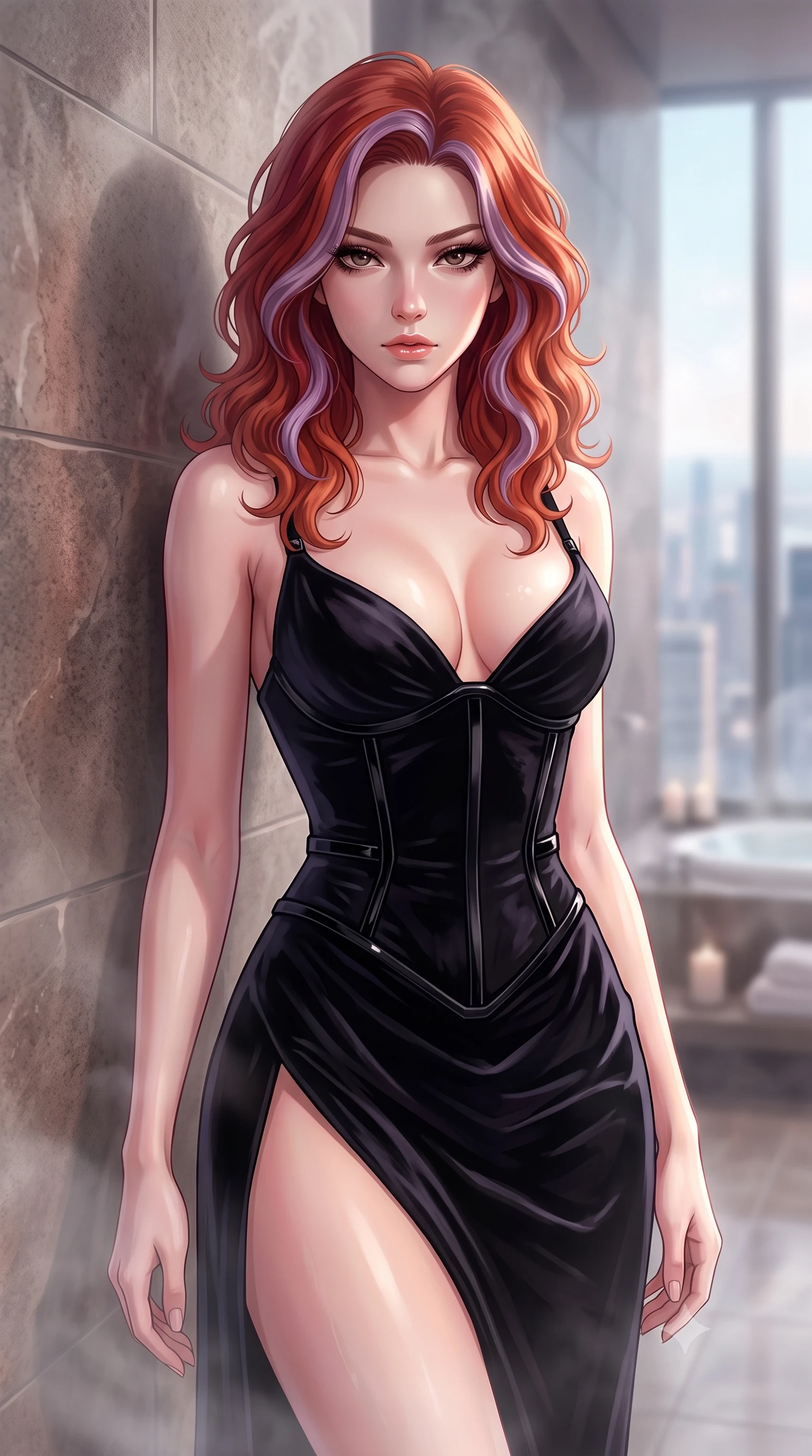 score_9, masterpiece, best quality, ultra-detailed, high-budget anime keyframe, editorial fashion photography, tasteful artistic composition, Caucasian woman. close-up cowboy shot from the waist and thighs up, the character dominates the composition, filling the frame with her large presence, background elements kept in soft focus. Casting a slow, direct gaze beneath heavy lashes with quiet intensity, resting against a heated stone wall in a private high-floor spa sanctuary, graceful posture revealing an ultra-slim waistline and sculpted torso. She has an exceptionally elegant, slender, and willowy female figure with an ultra-slim waist, a gracefully sculpted slender torso, and a refined silhouette. sharp v-shaped jawline, high-bridge nose, intricate jewel-like eyes with depth, thick eyelashes, glossy lips with a natural sheen. wearing low-cut gothic structured bodice gown with high leg slit in pitch-black onyx, made of crushed dark silk velvet, adorned with minimalist black onyx hardware framing the silhouette, accentuating her gracefully sculpted slender torso. illuminated by soft diffused key light filtering through delicate steam. highly saturated vibrant anime colors, detailed shading with soft gradients, rich glossy textures, high-contrast stereoscopic depth, volumetric dynamic lighting, master piece, 9:16 ratio