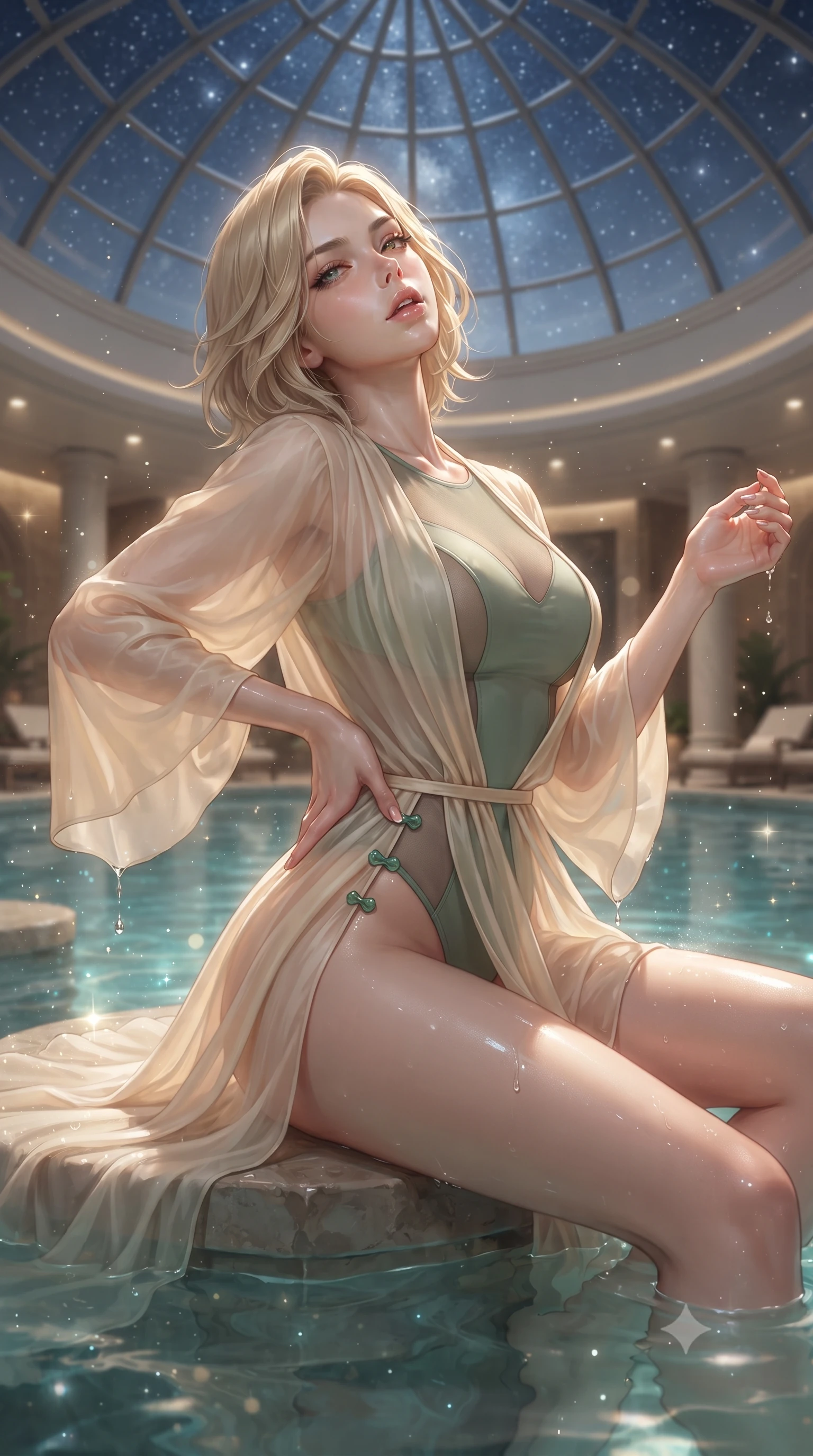 score_9, masterpiece, best quality, ultra-detailed, high-budget anime keyframe, editorial fashion photography, tasteful artistic composition, Caucasian woman. close-up cowboy shot from the waist and thighs up, the character dominates the composition, filling the frame with her large presence. resting one manicured hand delicately on her hip bone, her upper body turning in a fluid, seductive S-curve while parted lips glisten in the light while resting on a submerged stone bench as warm water laps at her waist, head tilted back toward the starry glass dome with parted lips. The composition keeps background elements in soft focus with creamy bokeh. shimmering pool caustics and floating pollen motes scattering ethereal luminescent sparkles. She has an exceptionally elegant, slender, and willowy female figure with an ultra-slim waist, a gracefully sculpted slender torso, toned flat midriff, and rounded feminine hips creating an alluring hourglass silhouette. sharp v-shaped jawline, high-bridge nose, intricate jewel-like eyes with depth, thick eyelashes, glossy parted lips with a natural sheen, intensely captivating and seductive bedroom-eyes expression, flawlessly proportioned anatomical accuracy, strict slender model proportions, natural body alignment, perfectly sculpted long slender limbs, ultra-slim waistline, clean dynamic posture without body distortion. wearing a second-skin sage-green compression bodysuit with sheer mesh side contours and an airy resort robe in radiant champagne and soft sunlight cream, woven from sheer cascading chiffon that ripples like water with every step, finished with an ultra-high side slit secured by miniature jade clasps, the glove-like aerodynamic silhouette tightly following the natural contour of her hips and long slender legs with statuesque precision. illuminated by wet specular highlights accentuating her slender neckline, sculpted waist, and rounded hips. ultra-reflective glossy finish, specular highlights, rich textural contrasts, high-contrast stereoscopic depth, volumetric dynamic lighting, 2k, ultra detail, master piece, 9:16 ratio