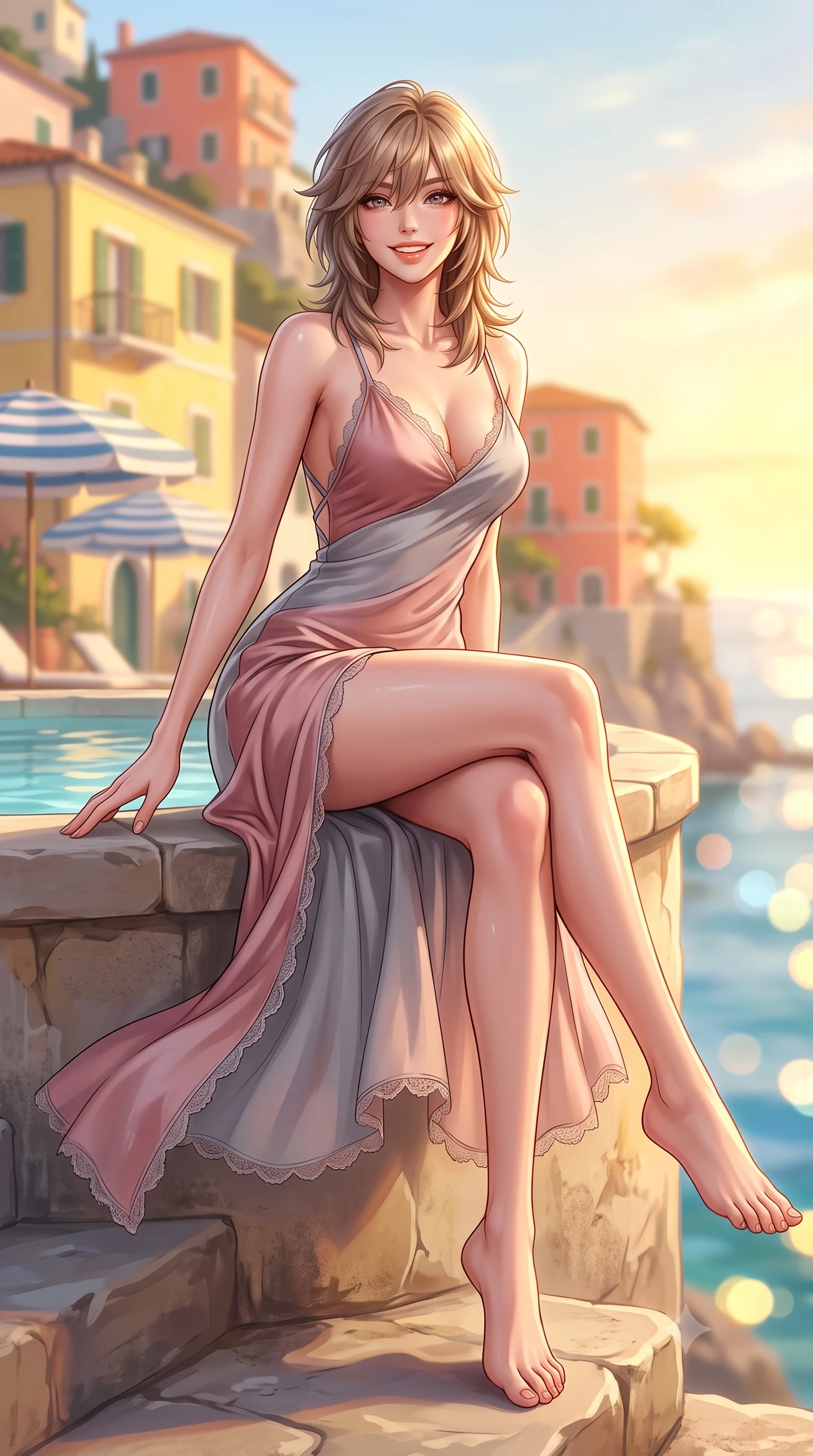 score_9, masterpiece, best quality, ultra-detailed, high-budget anime keyframe, semi-realistic 3D game render, editorial fashion photography, tasteful artistic composition, Japanese woman. low angle full-body shot from head to toe showing her feet, filling the entire 9:16 vertical frame with her statuesque presence, stretching her vertical silhouette. sitting perched on the elevated edge with legs crossed and hips angled toward the camera, displaying her toned midriff and long slender limbs with a joyful, coquettish smile while sitting on the edge of a cliffside mineral plunge pool shaded by fragrant lemon trees, arching her back with a radiant cute smile and wet hips. The composition keeps background elements in soft focus with dreamy creamy bokeh. cascading pastel yellow and coral cliffside villas, striped beach umbrellas, and azure sea blurred into lemon-yellow, peach, and sapphire bokeh. She has an exceptionally tall and slender model-like 8.5-heads proportion, an ultra-slim waist, a flat toned midriff, narrow delicate ribcage, and beautifully sculpted feminine hips creating a graceful, slim hourglass silhouette without any bulky heaviness, with impossibly long slender legs. sharp v-shaped jawline, high-bridge nose, intricate jewel-like sparkling eyes with depth, thick eyelashes, glossy parted lips with a natural peach sheen, bright cheerful beaming smile with an enchanting and coquettish sensual glint, exuding both youthful cute charm and seductive allure, flawlessly proportioned anatomical accuracy, strict slender model proportions, natural body alignment, perfectly sculpted long slender limbs, ultra-slim waistline, clean dynamic posture without body distortion. wearing a breezy silk-satin slip dress featuring a thigh-high side slit ascending to the high hip and criss-cross back straps in dusty rose and soft dove grey, tailored from fine lightweight chiffon that flutters gently in the breeze, finished with delicate lace scallop edging along the neckline, the high-waisted tailoring accentuating her ultra-slim waistline and the enchanting curve of her feminine hips with alluring charm. bathed in glorious golden hour Mediterranean sunset backlighting reflecting off pastel cliffside houses. highly saturated vibrant anime colors, detailed shading with soft gradients, rich glossy textures, high-contrast stereoscopic depth, volumetric dynamic lighting, master piece, 9:16 ratio