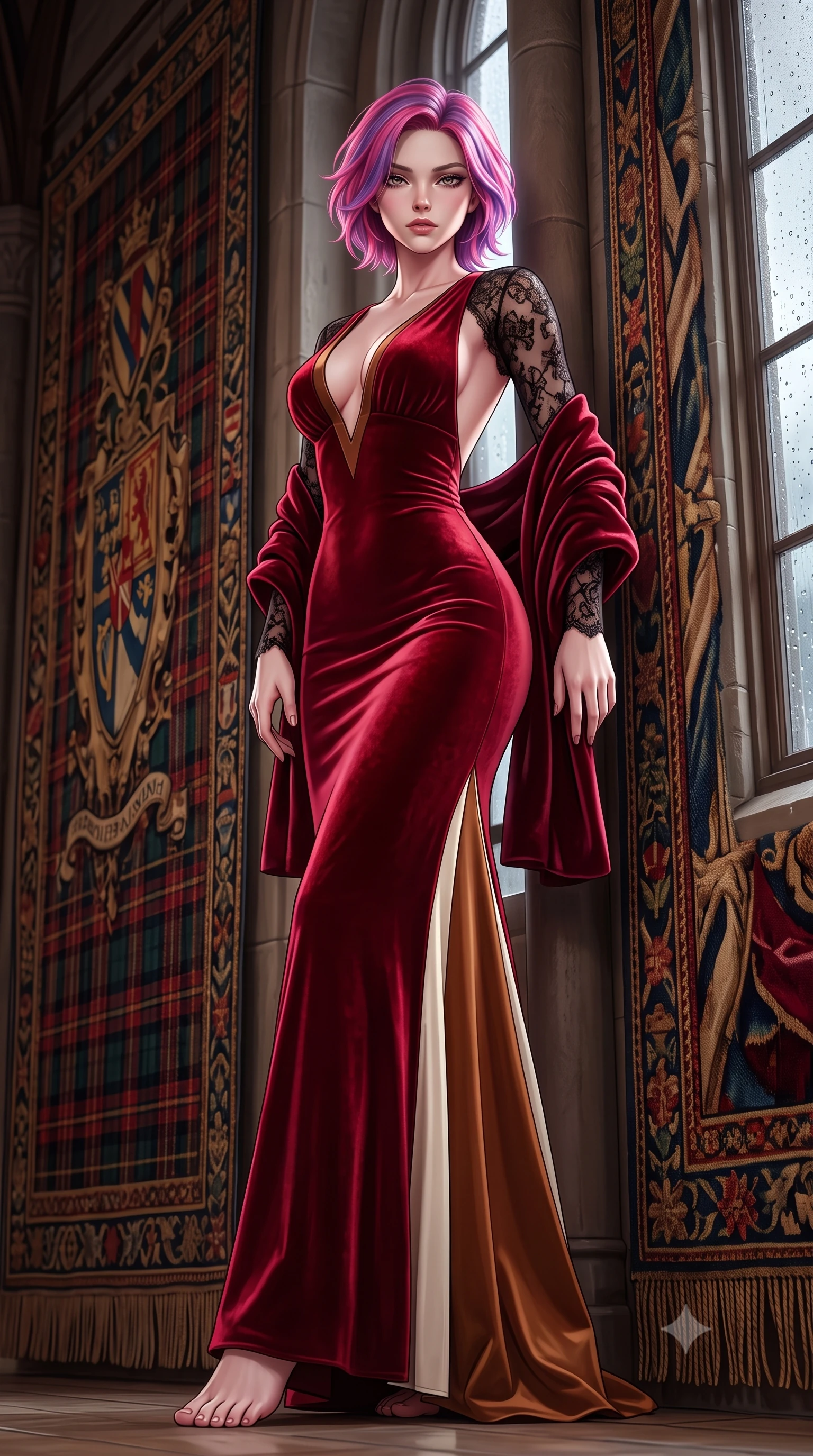 score_9, masterpiece, best quality, ultra-detailed, high-budget anime keyframe, semi-realistic 3D game render, editorial fashion photography, tasteful artistic composition, Caucasian woman. low angle full-body shot from head to toe showing her feet, filling the entire 9:16 vertical frame with her statuesque presence, stretching her vertical silhouette. leaning deep against the structural architecture with hips cocked in an unapologetically bold, seductive high-fashion stance while standing poised between towering medieval armorial tapestries, twisting her slender torso in a deep contrapposto stance with smoldering bedroom-eyes. The surrounding environment is rendered in vivid detail and crisp panoramic clarity. detailed tartan weave patterns, velvet fabric pile sheen, and rain droplet beads on glass in high clarity. She has an exceptionally tall and slender model-like 8.5-heads proportion, an ultra-slim waist, a flat toned midriff, narrow delicate ribcage, and beautifully sculpted feminine hips creating a graceful, slim hourglass silhouette without any bulky heaviness, with impossibly long slender legs. sharp v-shaped jawline, high-bridge nose, intricate jewel-like eyes with depth, thick eyelashes, glossy parted lips with a natural sheen, intensely captivating and seductive bedroom-eyes expression, flawlessly proportioned anatomical accuracy, strict slender model proportions, natural body alignment, perfectly sculpted long slender limbs, ultra-slim waistline, clean dynamic posture without body distortion. wearing a plunging-V neckline crushed crimson velvet opera gown with delicate black lace sleeves and bare back in rich equestrian cognac brown and crisp champagne cream, tailored from liquid silk jersey adhering flawlessly to her slender build, complemented by a plush velvet shawl draped loosely over her elbows, the second-skin form-contouring cut accentuating her sculpted flat midriff, narrow delicate ribcage, and gracefully curvy hips with supermodel precision. illuminated by crisp directional rim lighting sharply carving her razor-sharp jawline, narrow waist, and curvy hips. highly saturated vibrant anime colors, detailed shading with soft gradients, rich glossy textures, high-contrast stereoscopic depth, volumetric dynamic lighting, master piece, 9:16 ratio