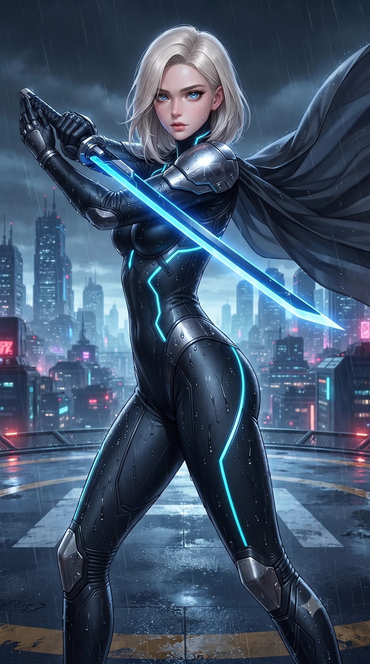 score_9, masterpiece, best quality, ultra-detailed, high-budget anime keyframe, editorial fashion photography, tasteful artistic composition, Caucasian woman. close-up cowboy shot from the waist and thighs up, the character dominates the composition, filling the frame with her large presence. twisting her upper body in a dynamic S-curve combat stance, one hand steadying her weapon with commanding supermodel allure while arching her spine in a fluid combat stance as high-altitude winds billow her sheer tactical cape against the glowing city skyline. The surrounding environment is rendered in vivid detail and crisp panoramic clarity. sharp raindrop beads on polished carbon armor, razor-sharp glowing plasma blade edge, and wet helipad surface in deep focus. She has an exceptionally elegant, slender, and willowy female figure with an ultra-slim waist, a gracefully sculpted slender torso, toned flat midriff, and a refined slim silhouette. sharp v-shaped jawline, high-bridge nose, intricate jewel-like eyes with depth, thick eyelashes, glossy lips with a natural sheen, flawlessly proportioned anatomical accuracy, strict slender model proportions, natural body alignment, perfectly sculpted long slender limbs, ultra-slim waistline, clean dynamic posture without body distortion. wearing an aerodynamic matte-black carbon-fiber bodysuit with glowing neon cyan conduit lines, reinforced by polished titanium pauldrons, wielding a sleek holographic plasma katana with a brilliant energy blade in electric cobalt blue carbon with polished platinum trim, tailored from flexible second-skin carbon-mesh that clings flawlessly to her athletic curves, detailed with magnetic weapon holsters and polished chrome connection clasps, the glove-like aerodynamic second-skin fit tightly clinging to her ultra-slender waist and athletic curves without adding bulk, accentuating her razor-sharp statuesque lines and slim hourglass silhouette. illuminated by crisp white key lighting with sharp specular highlights tracing her sculpted carbon armor curves. ultra-reflective glossy finish, specular highlights, dark metallic sheen, high-contrast stereoscopic depth, volumetric dynamic lighting, 2k, ultra detail, master piece, 9:16 ratio