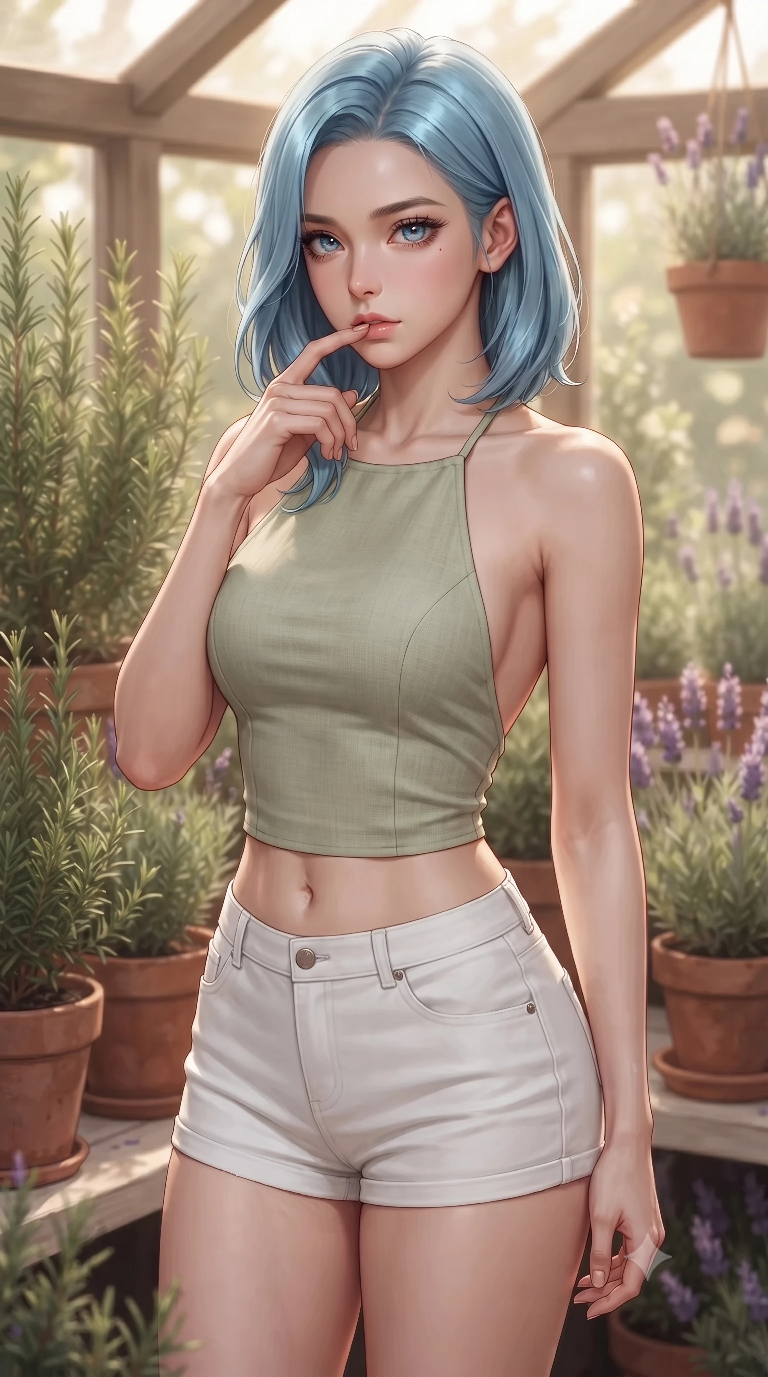 score_9, masterpiece, best quality, ultra-detailed, high-budget anime keyframe, editorial fashion photography, tasteful artistic composition, Korean woman woman. close-up cowboy shot from the waist and thighs up, the character dominates the composition, filling the frame with her large presence, background elements kept in soft focus. pressing one finger to her bottom lip in a thoughtful, seductive gesture under the warm sun the background shows a soft-focus a cozy garden greenhouse, surrounded by terracotta pots, rosemary, and lavender. She has an exceptionally elegant, slender, and willowy female figure with an ultra-slim waist, a gracefully sculpted slender torso, and a refined silhouette. sharp v-shaped jawline, high-bridge nose, intricate jewel-like eyes with depth, thick eyelashes, glossy lips with a natural sheen. wearing a form-contouring stylish linen halter top with an open-back design, paired with white micro-shorts. warm, diffused daylight creating a quiet and productive mood. ultra-reflective glossy finish, specular highlights, metallic sheen, high-contrast stereoscopic depth, volumetric dynamic lighting, 2k, ultra detail, master piece, 9:16 ratio