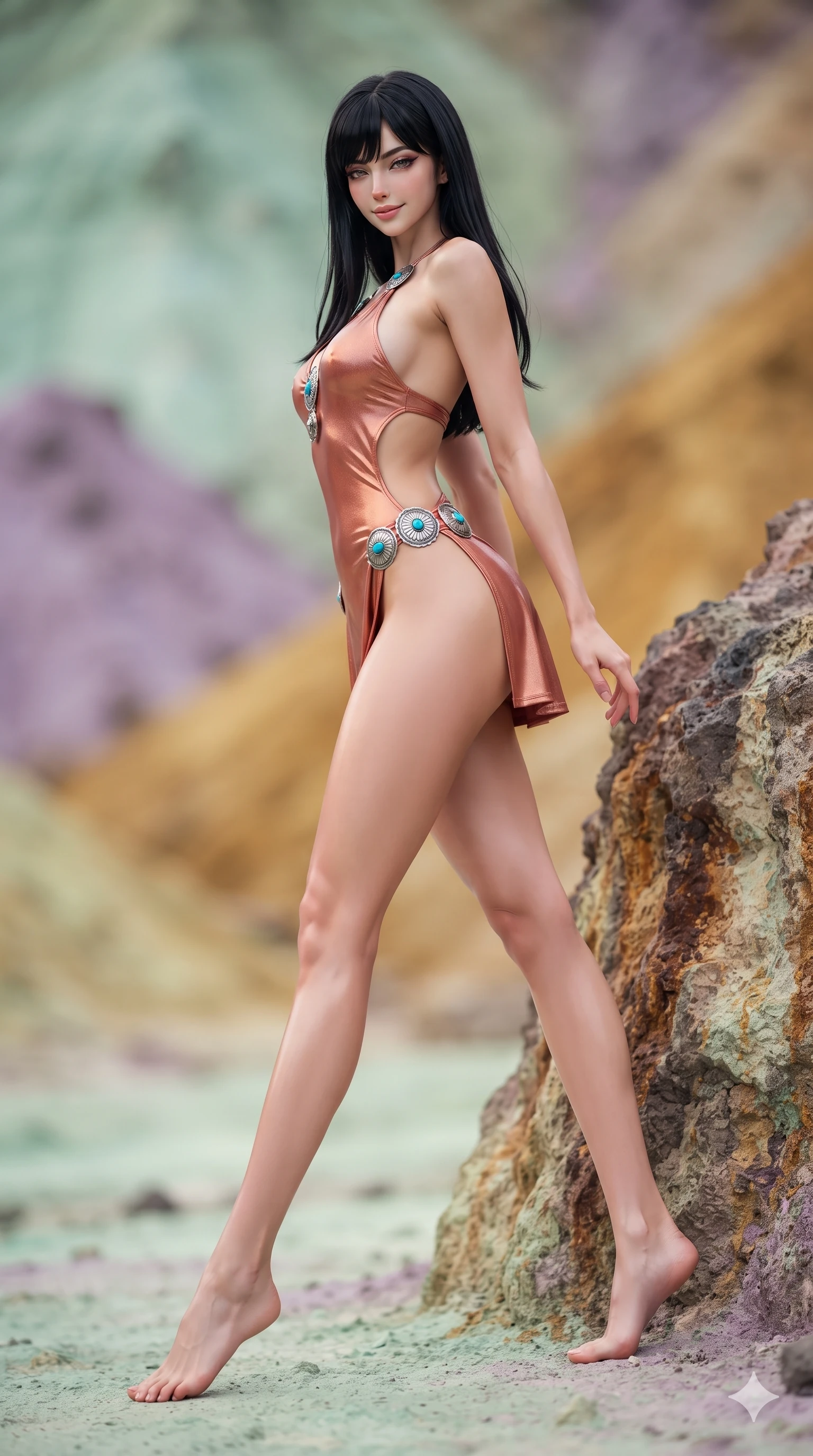 score_9, masterpiece, best quality, ultra-detailed, high-budget anime keyframe, editorial fashion photography, tasteful artistic composition, Caucasian woman. low angle full-body shot from head to toe showing her feet, filling the entire 9:16 vertical frame with her statuesque presence, stretching her vertical silhouette. stepping forward in a confident stride, her long slender legs and curvaceous hips creating a dynamic, sweeping vertical line while leaning against a mineral-stained volcanic basalt rock outcrop with hips cocked back, looking over a bare shoulder with heavy-lidded seductive bedroom-eyes. The background shows a soft-focus soft pastel green volcanic ash, lavender iron mounds, and golden ochre slopes blurred into turquoise, rose, and amber bokeh. She has an absolutely perfect, statuesque 8.5-heads proportion, an exceptionally tall and slender model-like female figure with impossibly long slender legs, an ultra-slim waist, a flat toned midriff, narrow delicate ribcage, and beautifully sculpted feminine hips creating a graceful, slim hourglass silhouette without any bulky heaviness. sharp v-shaped jawline, high-bridge nose, sparkling eyes with hypnotic seductive depth, thick curled eyelashes, glossy parted lips with a natural dewy peach sheen, alluring bedroom-eyes with an enchanting coquettish smile, exuding magnetic siren charisma and sophisticated glamour, flawlessly proportioned anatomical accuracy, strict slender model proportions, natural body alignment, perfectly sculpted long slender limbs, ultra-slim waistline, clean dynamic posture without body distortion. wearing a liquid metallic lamé one-piece swim dress clinging like a second skin with hip-high side cutouts in sun-kissed terracotta and dusty canyon rose, made of fluid liquid jersey with seamless sculpting hold and smooth contours, accented with authentic engraved silver concho medallions and turquoise cabochons, the glove-like clinging cut tightly following the natural contour of her hips and long slender legs with youthful 8.5-heads elegance. illuminated by pastel mineral surface bounce and sharp golden-rose rim lights sculpting her razor-sharp jawline, narrow waist, and curvy hips. ultra-reflective glossy finish, specular highlights, rich textural contrasts, high-contrast stereoscopic depth, volumetric dynamic lighting, 2k, ultra detail, master piece, 9:16 ratio