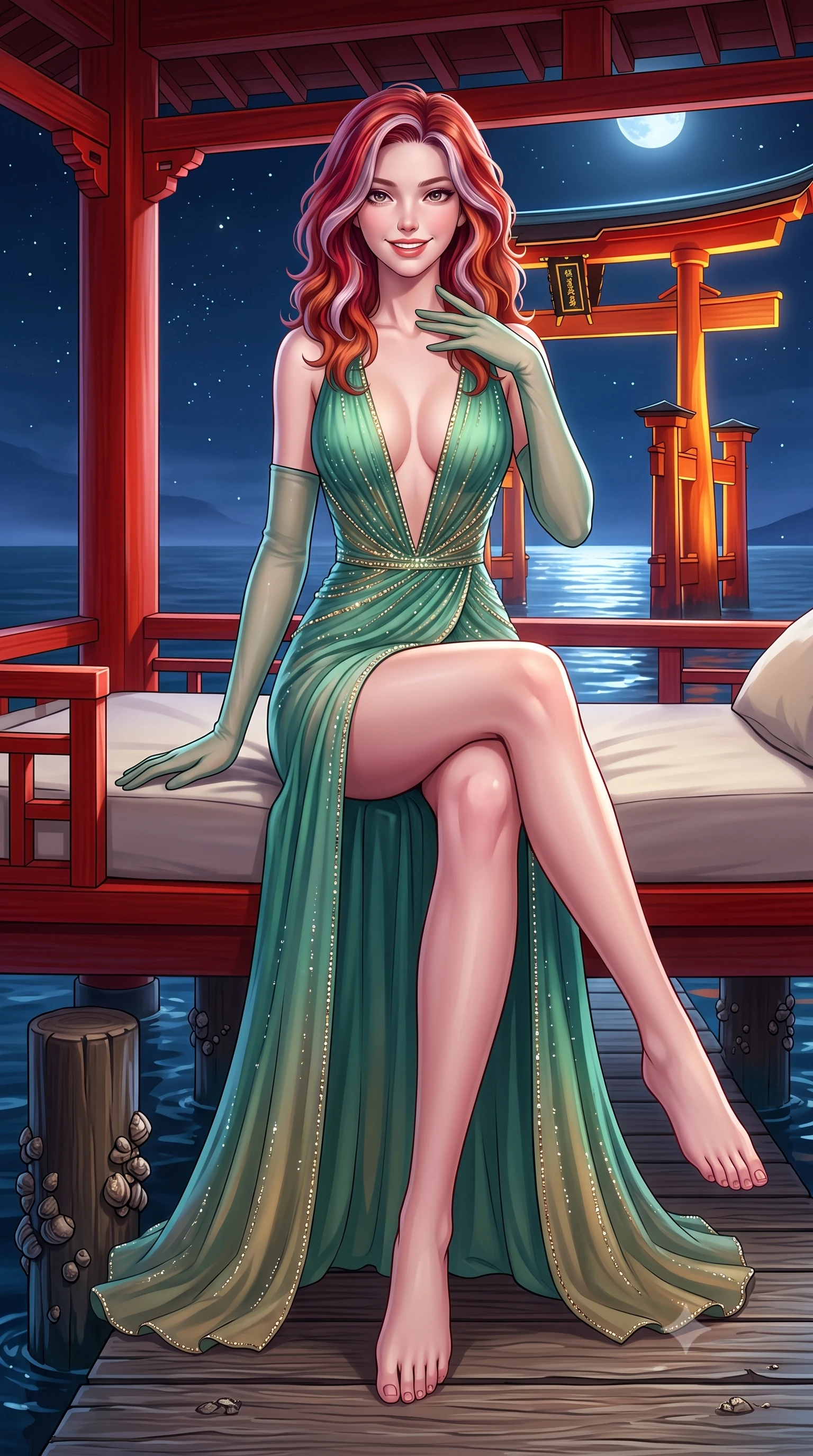 score_9, masterpiece, best quality, ultra-detailed, high-budget anime keyframe, semi-realistic 3D game render, editorial fashion photography, tasteful artistic composition, Caucasian woman. low angle full-body shot from head to toe showing her feet, filling the entire 9:16 vertical frame with her statuesque presence, stretching her vertical silhouette. lounging on the lavish daybed with legs crossed and hips angled toward the camera, displaying her toned midriff and long slender limbs with effortless siren poise while sitting gracefully on the pavilion bench with legs crossed, running one manicured hand slowly down her neck with teasing seductive charm. The surrounding environment is rendered in vivid detail and crisp panoramic clarity: sharp vermilion lacquered joinery, weathered wood boardwalk grain, and shellfish barnacles on mooring posts in deep focus. She has an exceptionally tall and slender model-like 8.5-heads proportion, an ultra-slim waist, a flat toned midriff, narrow delicate ribcage, and beautifully sculpted feminine hips creating a graceful, slim hourglass silhouette without any bulky heaviness, with impossibly long slender legs. sharp v-shaped jawline, high-bridge nose, intricate jewel-like sparkling eyes with depth, thick eyelashes, glossy parted lips with a natural peach sheen, bright cheerful beaming smile with an enchanting and coquettish sensual glint, exuding both youthful cute charm and seductive allure, flawlessly proportioned anatomical accuracy, strict slender model proportions, natural body alignment, perfectly sculpted long slender limbs, ultra-slim waistline, clean dynamic posture without body distortion. wearing a plunge-front sheer mesh cocktail gown with delicate crystal beading and an ultra-daring hip-high leg slit in French Concession jade green and gilded bronze, made of sheer gossamer chiffon that drapes softly against skin with airy translucence, complemented by sheer opera-length evening gloves tracing her slender arms, the liquid-tight tailored fabric clinging flawlessly to her narrow waist and rounded feminine hips, emphasizing every millimeter of her sculpted slim hourglass curves without any bulky heaviness. bathed in the golden-and-vermilion architectural floodlights of the Torii gate mixed with cool silver moonlit sea fill. highly saturated vibrant anime colors, detailed shading with soft gradients, rich glossy textures, high-contrast stereoscopic depth, volumetric dynamic lighting, master piece, 9:16 ratio