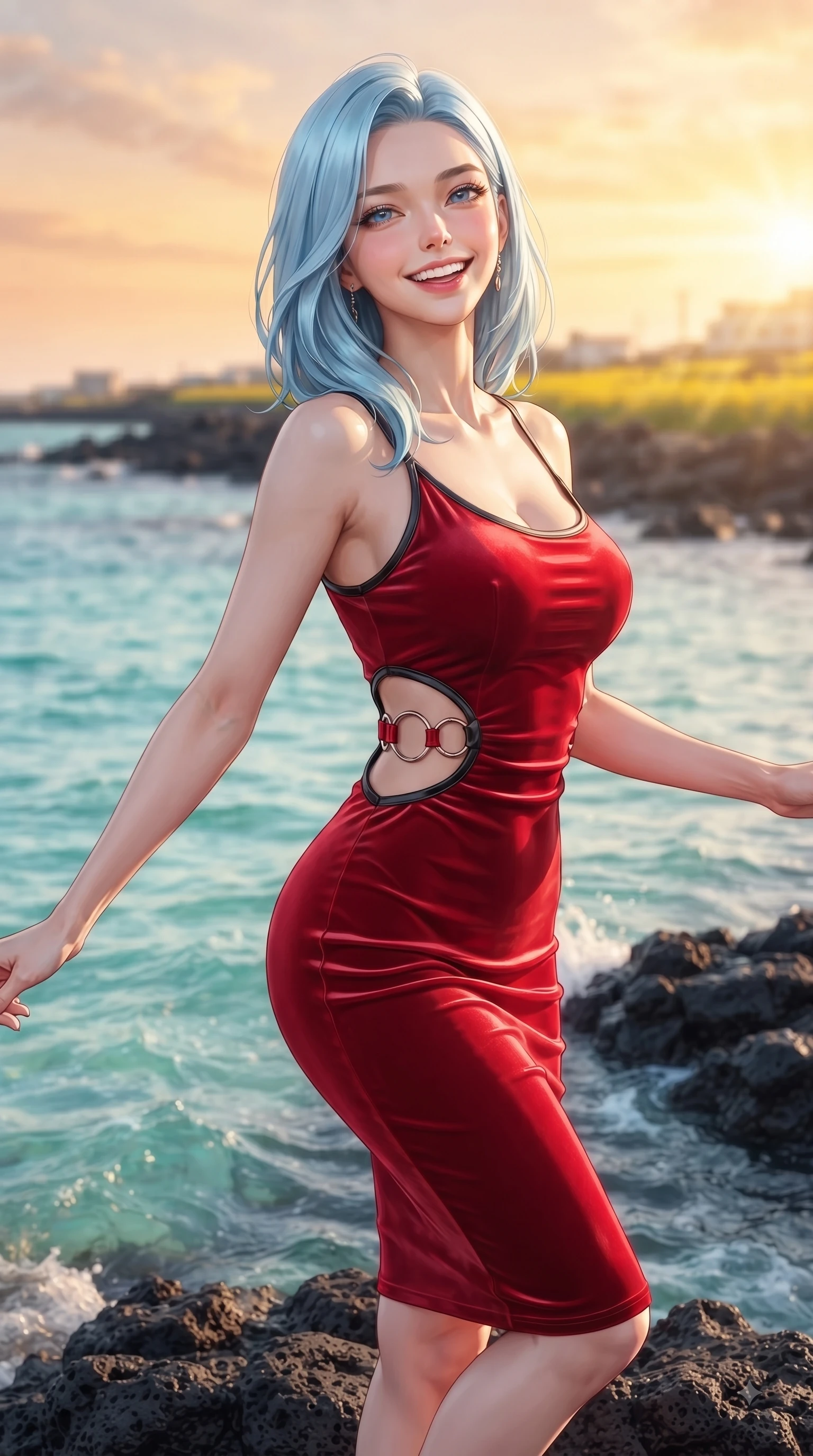 score_9, masterpiece, best quality, ultra-detailed, high-budget anime keyframe, editorial fashion photography, tasteful artistic composition, Korean woman. close-up cowboy shot from the waist and thighs up, the character dominates the composition, filling the frame with her large presence. Tilting her chin up with a sweet beaming smile of pure delight while balancing dynamically amidst the scene while pivoting gracefully on dark volcanic basalt rocks as clear turquoise ocean waves lap nearby. The composition keeps background elements in soft focus with dreamy bokeh. crystal-clear turquoise sea waves and yellow canola fields blurred into dreamy ocean bokeh. She has an exceptionally elegant, slender, and willowy female figure with an ultra-slim waist, a gracefully sculpted slender torso, and a refined silhouette. sharp v-shaped jawline, high-bridge nose, intricate jewel-like eyes with depth, thick eyelashes, glossy lips with a natural sheen, flawlessly proportioned anatomical accuracy, natural body alignment, perfectly sculpted elegant limbs, clean dynamic posture without body distortion. wearing a form-contouring bodycon dress featuring subtle strategic side waist cutouts in vibrant scarlet red and sleek black trim, made of lustrous stretch velvet, accented with subtle metallic ring hardware framing her waist, the elegant draped fit framing her graceful clavicle and slender torso. illuminated by a glorious golden hour sunburst painting the sky in joyful amber and peach. ultra-reflective glossy finish, specular highlights, metallic sheen, high-contrast stereoscopic depth, volumetric dynamic lighting, 2k, ultra detail, master piece, 9:16 ratio