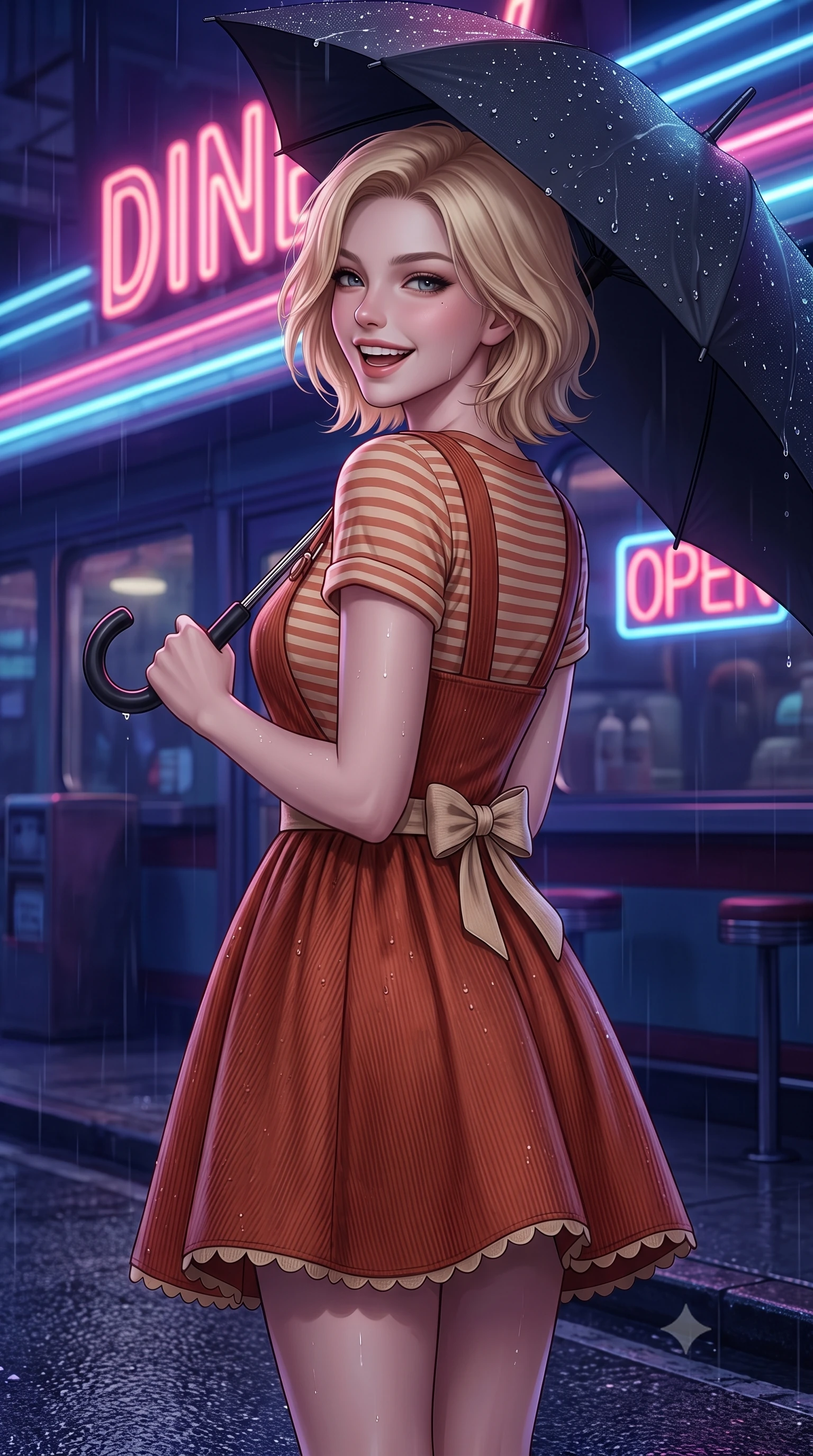 score_9, masterpiece, best quality, ultra-detailed, high-budget anime keyframe, semi-realistic 3D game render, editorial fashion photography, tasteful artistic composition, Caucasian woman. close-up cowboy shot from the waist and thighs up, the character dominates the composition, filling the frame with her large presence. turning over her shoulder with an indomitable, smoldering gaze, her soft hair framing her razor-sharp v-shaped jawline while standing under the neon diner awning shaking raindrops from her umbrella with a sweet, radiant laugh. The surrounding environment is rendered in vivid detail and crisp panoramic clarity. crisp neon tube lettering, distinct raindrop beads on leather jacket, and wet asphalt textures in deep focus. She has an exceptionally elegant, slender, and willowy female figure with an ultra-slim waist, a gracefully sculpted slender torso, toned flat midriff, and a refined slim silhouette. sharp v-shaped jawline, high-bridge nose, intricate jewel-like eyes with depth, thick eyelashes, glossy lips with a natural sheen, captivating and magnetic expression, flawlessly proportioned anatomical accuracy, strict slender model proportions, natural body alignment, perfectly sculpted long slender limbs, ultra-slim waistline, clean dynamic posture without body distortion. wearing a vintage corduroy dungaree dress layered over a pastel striped baby-tee with rolled cuffs in warm terracotta and oatmeal beige, tailored from soft fine-wale corduroy with rich velvety texture, finished with a dainty waist ribbon bow and scalloped hemline trims, the breezy yet form-flattering drape swaying gracefully with her steps, accentuating her long willowy limbs and slim waistline. surrounded by a romantic, moody, and irresistibly nostalgic 90s city-pop heroine aura. highly saturated vibrant anime colors, detailed shading with soft gradients, rich glossy textures, high-contrast stereoscopic depth, volumetric dynamic lighting, master piece, 9:16 ratio