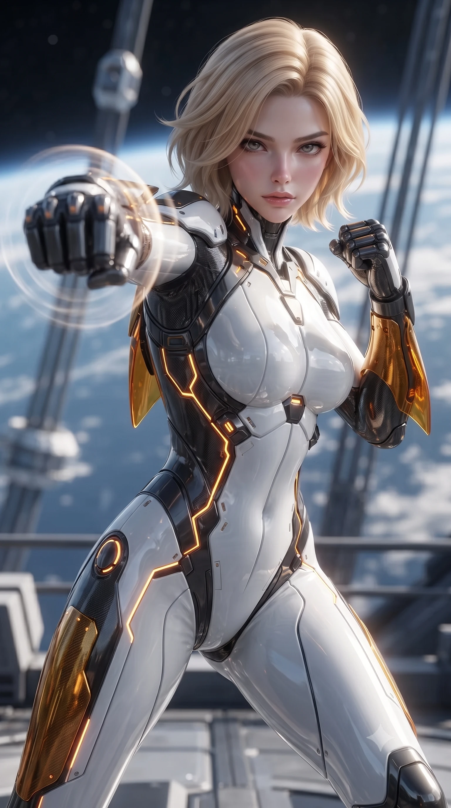 score_9, masterpiece, best quality, ultra-detailed, high-budget anime keyframe, editorial fashion photography, tasteful artistic composition, Caucasian woman. close-up cowboy shot from the waist and thighs up, the character dominates the composition, filling the frame with her large presence. thrusting a high-speed kinetic punch toward the camera, a visible conical shockwave distortion wrapping around her sleek carbon forearm while executing a high-speed kinetic parry and pivot on the open-air gantry of a space elevator ring 100 kilometers above Earth. The composition keeps background elements in soft focus with creamy bokeh. massive space elevator cable arrays and transit pods softened in smooth atmospheric depth. She has an exceptionally elegant, slender, and willowy female figure with an ultra-slim waist, a gracefully sculpted slender torso, toned flat midriff, and a refined slim silhouette. sharp v-shaped jawline, high-bridge nose, intricate jewel-like eyes with depth, thick eyelashes, glossy lips with a natural sheen, flawlessly proportioned anatomical accuracy, strict slender model proportions, natural body alignment, perfectly sculpted long slender limbs, ultra-slim waistline, clean dynamic posture without body distortion. wearing a high-contrast monochrome white-and-black carbon-composite exoskeleton suit with glowing amber circuitry and aerodynamic limb fins in molten amber-gold carbon cuirass with dark titanium weave, formed from high-gloss patent carbon-plating with specular chiaroscuro reflections, reinforced by a sleek titanium kinetic harness and glowing micro-energy straps, the form-contouring material adhering flawlessly to her sculpted flat midriff and slender torso, emphasizing her long leg lines and perfectly proportioned willowy build. illuminated by crisp specular highlights tracing her sculpted collarbones, waistline, and long slender legs. ultra-reflective glossy finish, specular highlights, dark metallic sheen, high-contrast stereoscopic depth, volumetric dynamic lighting, 2k, ultra detail, master piece, 9:16 ratio