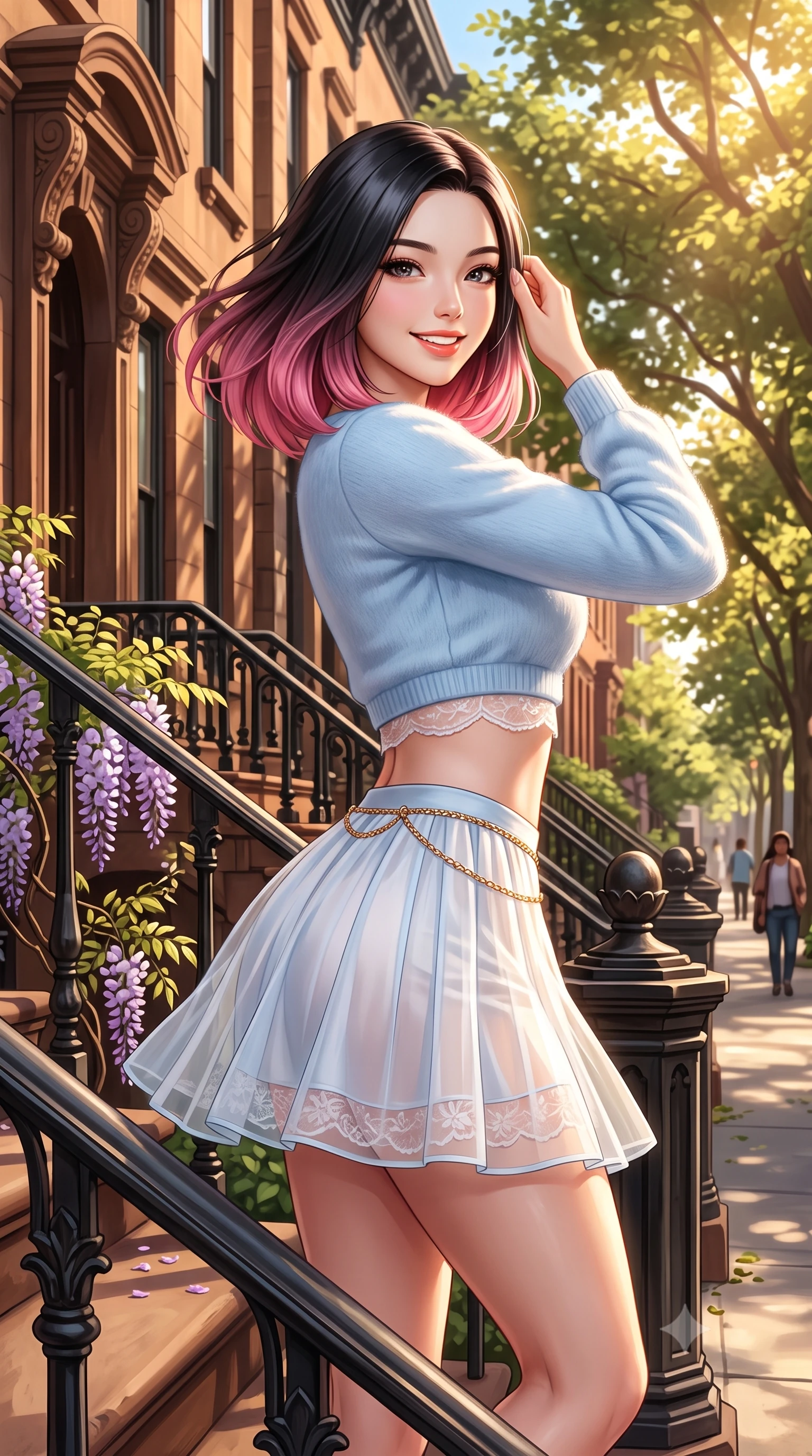 score_9, masterpiece, best quality, ultra-detailed, high-budget anime keyframe, semi-realistic 3D game render, editorial fashion photography, tasteful artistic composition, Korean woman. close-up cowboy shot from the waist and thighs up, the character dominates the composition, filling the frame with her large presence. turning playfully with a bright confident smile, her glossy hair tossing in the breeze as her hips angle gracefully in a captivating contrapposto while standing poised at the top of the stoop, twisting her slender torso in an alluring S-curve as afternoon sunlight filters through tree-lined streets. The surrounding environment is rendered in vivid detail and crisp panoramic clarity. sharp carved brownstone masonry textures, black iron handrail details, and wisteria petal venation in deep focus. She has an exceptionally elegant, slender, and willowy female figure with an ultra-slim waist, flat toned midriff, narrow ribcage, and sculpted feminine hips creating an alluring, slim hourglass silhouette without bulk. sharp v-shaped jawline, high-bridge nose, intricate jewel-like sparkling eyes with depth, thick eyelashes, glossy parted lips with a natural peach sheen, bright cheerful beaming smile with an enchanting and coquettish sensual glint, exuding both youthful cute charm and seductive allure, flawlessly proportioned anatomical accuracy, strict slender model proportions, natural body alignment, perfectly sculpted long slender limbs, ultra-slim waistline, clean dynamic posture without body distortion. wearing a soft angora crop knit sweater with a sheer pleated organza mini skirt over an opaque silk slip in soft baby blue and crisp cloud white, made of sheer contouring stretch lace with delicate floral patterns, accented with a delicate gold chain belt resting loosely on her curvy hips, the form-fitting cut adhering flawlessly to her sculpted flat midriff and slender torso, emphasizing her long leg lines and perfectly proportioned willowy build. bathed in warm, golden afternoon sunlight streaming down the historic tree-lined street. highly saturated vibrant anime colors, detailed shading with soft gradients, rich glossy textures, high-contrast stereoscopic depth, volumetric dynamic lighting, master piece, 9:16 ratio