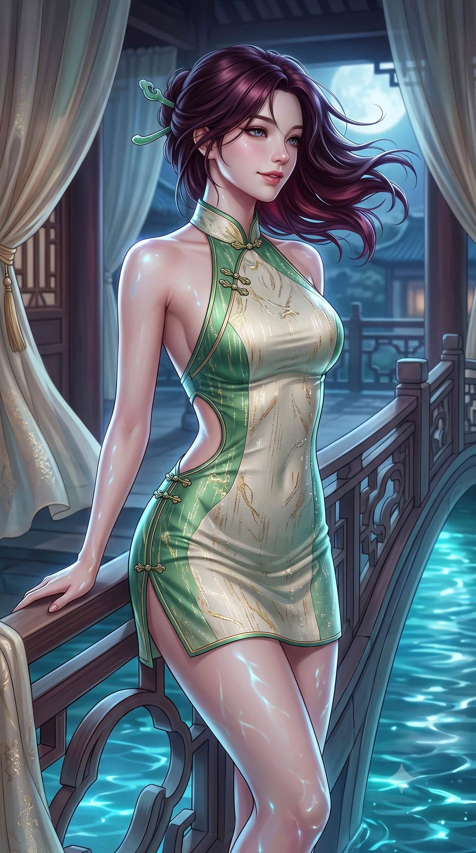 score_9, masterpiece, best quality, ultra-detailed, high-budget anime keyframe, semi-realistic 3D game render, editorial fashion photography, tasteful artistic composition, Korean woman. close-up cowboy shot from the waist and thighs up, the character dominates the composition, filling the frame with her large presence. turning slowly with a smoldering smile, her glossy dark hair tossing in the evening breeze as her hips angle gracefully in a captivating contrapposto while leaning against the curved bridge balustrade with hips cocked back, casting an enchanting, ethereal bedroom-gaze into the glowing waters. The surrounding environment is rendered in vivid detail and crisp panoramic clarity: detailed flowing silk gown drape, bioluminescent reflections on skin, and sacred sanctuary architecture in razor-sharp precision. She has an exceptionally elegant, slender, and willowy female figure with an ultra-slim waist, flat toned midriff, narrow ribcage, and sculpted feminine hips creating an alluring, slim hourglass silhouette without bulk. sharp v-shaped jawline, high-bridge nose, intricate jewel-like dark sparkling almond eyes with depth, thick lashes, glossy parted lips with a natural rose-plum sheen, bright alluring and coquettish smile with bedroom-eyes, exuding both timeless oriental elegance and sovereign high-fashion allure, flawlessly proportioned anatomical accuracy, strict slender model proportions, natural body alignment, perfectly sculpted long slender limbs, ultra-slim waistline, clean dynamic posture without body distortion. wearing a backless halter qipao mini dress with delicate frog-button closures and side waist cutouts framing her hourglass curves in fresh bamboo emerald and soft oatmeal cream, woven from metallic gold and silver thread casting subtle starlight glints, featuring a modern sculptural jade hair pin securing her loose silky updo, the high-waisted wrap tailoring accentuating her ultra-slim waistline and the enchanting curve of her feminine hips with alluring oriental charm. illuminated by soft moonlight and sharp platinum rim lights defining her sculpted collarbones, ultra-slim waist, and curvy hips. highly saturated vibrant anime colors, detailed shading with soft gradients, rich glossy textures, high-contrast stereoscopic depth, volumetric dynamic lighting, master piece, 9:16 ratio
