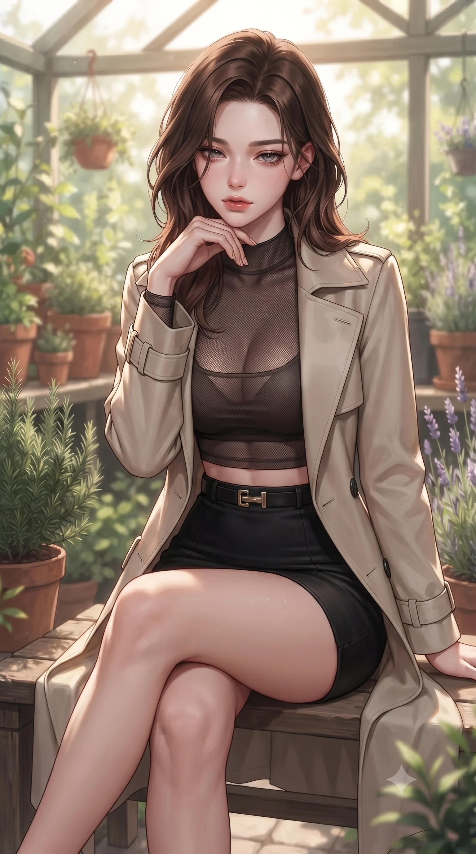 score_9, masterpiece, best quality, ultra-detailed, high-budget anime keyframe, editorial fashion photography, tasteful artistic composition, Korean woman woman. close-up cowboy shot from the waist and thighs up, the character dominates the composition, filling the frame with her large presence, background elements kept in soft focus. resting her chin on the backs of her fingers, casting a heavy-lidded, sultry look past the camera the background shows a soft-focus a cozy garden greenhouse, surrounded by terracotta pots, rosemary, and lavender. She has an exceptionally elegant, slender, and willowy female figure with an ultra-slim waist, a gracefully sculpted slender torso, and a refined silhouette. sharp v-shaped jawline, high-bridge nose, intricate jewel-like eyes with depth, thick eyelashes, glossy lips with a natural sheen. wearing a tailored semi-opaque dark mesh crop top paired with a mini skirt, layered with a tailored light trench coat. warm, diffused daylight creating a quiet and productive mood. ultra-reflective glossy finish, specular highlights, metallic sheen, high-contrast stereoscopic depth, volumetric dynamic lighting, 2k, ultra detail, master piece, 9:16 ratio
