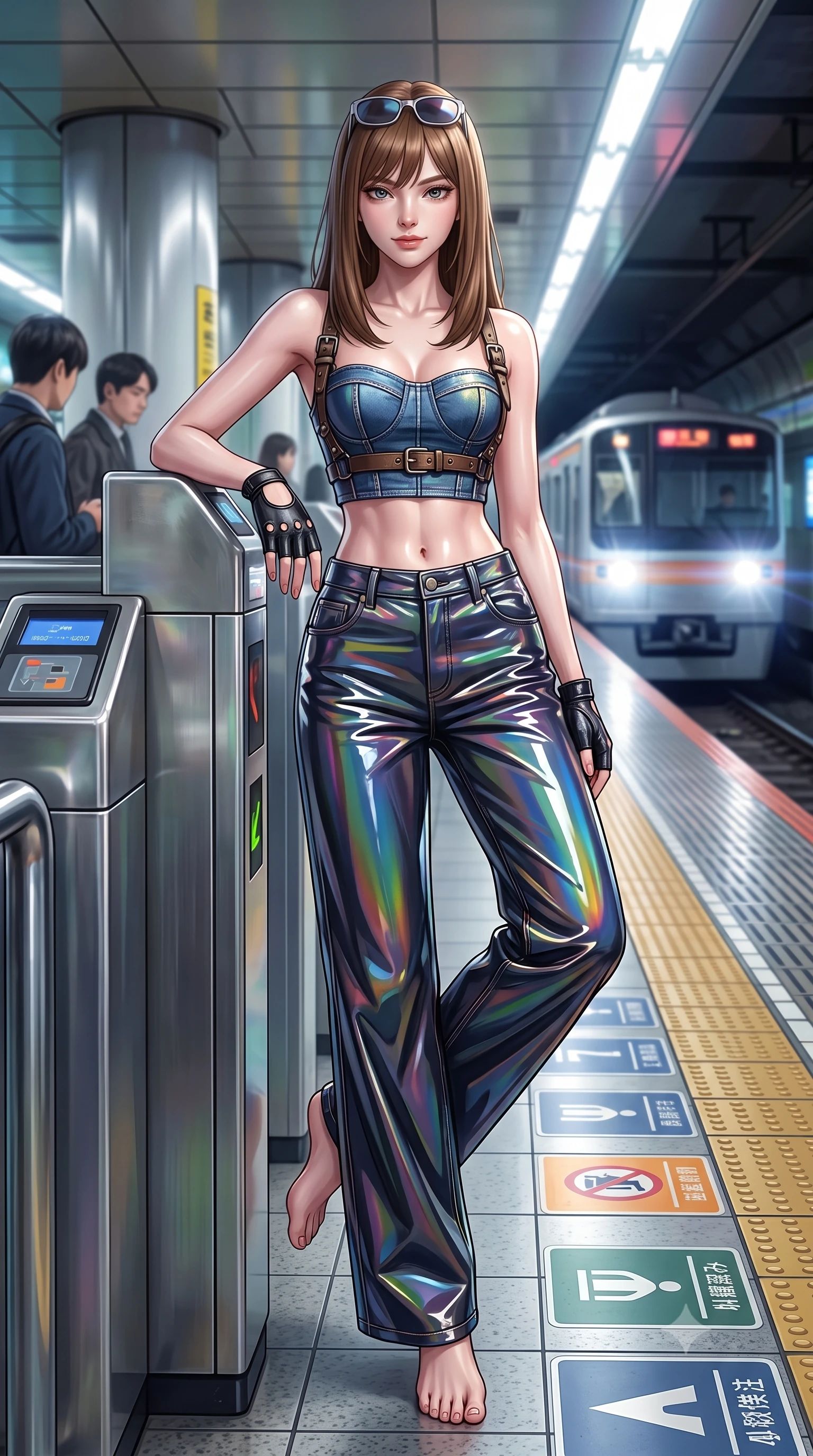 score_9, masterpiece, best quality, ultra-detailed, high-budget anime keyframe, semi-realistic 3D game render, editorial fashion photography, tasteful artistic composition, Korean woman. low angle full-body shot from head to toe showing her feet, filling the entire 9:16 vertical frame with her statuesque presence, stretching her vertical silhouette. landing lightly on the balls of her feet in a balanced kinetic stance, eyes locked onto the camera with fearless allure while leaning against a retro-futuristic metallic subway turnstile with a fierce, rebellious streetwear smirk. The surrounding environment is rendered in vivid detail and crisp panoramic clarity. detailed platform safety markings, leather harness buckles, and train headlights in high clarity. She has an absolutely perfect, statuesque 8.5-heads proportion, an exceptionally tall and slender model-like female figure with impossibly long slender legs, a toned flat midriff, and an ultra-slim waist. sharp v-shaped jawline, high-bridge nose, intricate jewel-like eyes with depth, thick eyelashes, glossy lips with a natural sheen, captivating and magnetic expression, flawlessly proportioned anatomical accuracy, strict slender model proportions, natural body alignment, perfectly sculpted long slender limbs, ultra-slim waistline, clean dynamic posture without body distortion. wearing a deconstructed denim corset crop top paired with high-waisted wide-leg utility jeans in iridescent rainbow prism and deep charcoal, formed from high-gloss patent leather with sharp specular chiaroscuro, accessorized with retro futuristic sunglasses and fingerless leather gloves, the sleek tailored cut tightly hugging her graceful clavicle, narrow waist, and feminine curves with statuesque precision. illuminated by crisp specular highlights defining her toned flat midriff and athletic curves. highly saturated vibrant anime colors, detailed shading with soft gradients, rich glossy textures, high-contrast stereoscopic depth, volumetric dynamic lighting, master piece, 9:16 ratio