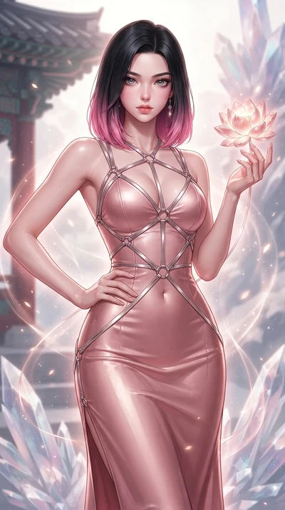 score_9, masterpiece, best quality, ultra-detailed, high-budget anime keyframe, editorial fashion photography, tasteful artistic composition, Korean woman. close-up cowboy shot from the waist and thighs up, the character dominates the composition, fi