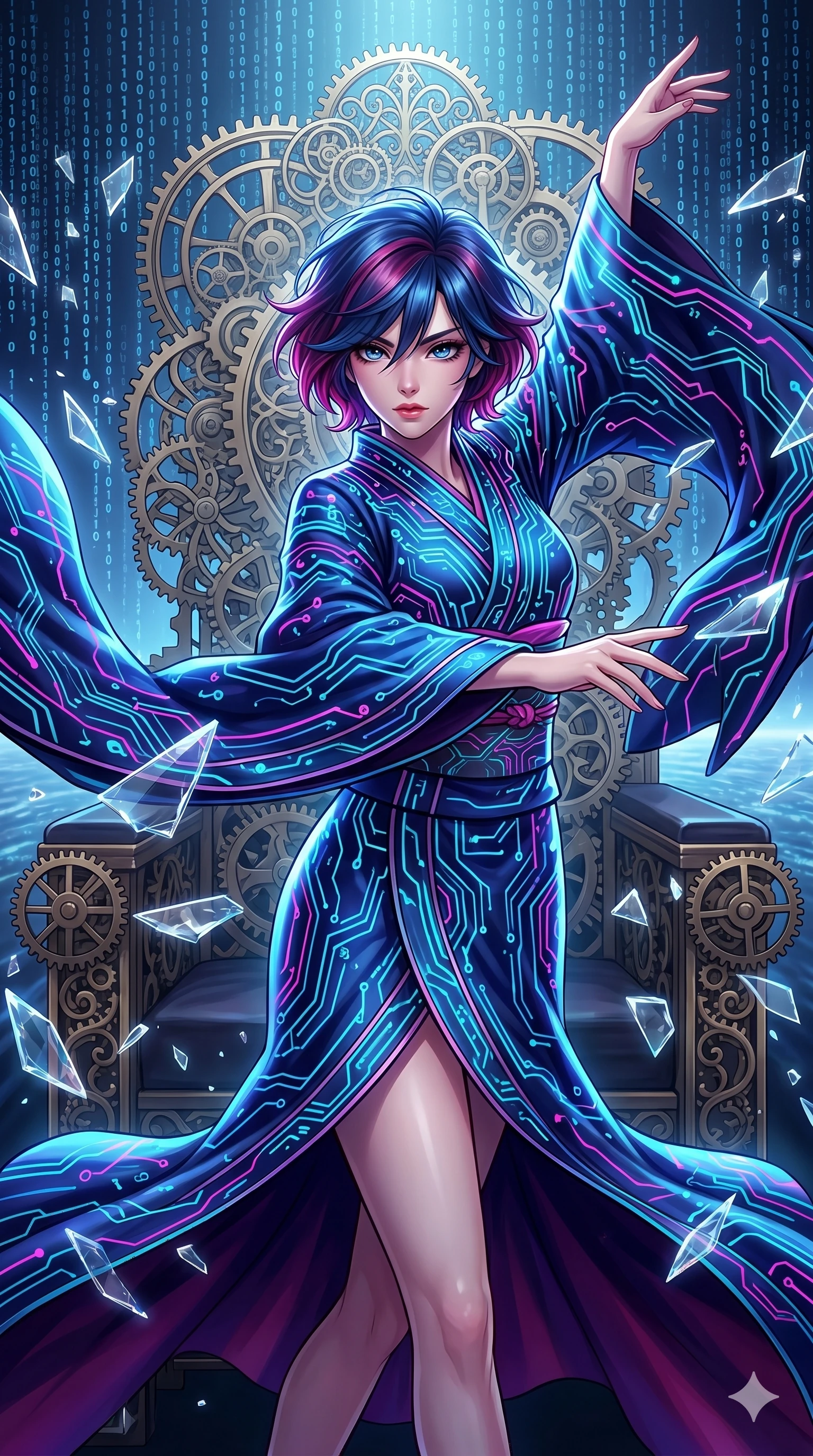 score_9, masterpiece, best quality, ultra-detailed, Set A: High-budget Anime Keyframe, Caucasian (strictly human ears) woman. Upper body close-up from the thighs up, character filling the screen for maximum presence. Dancing through a throne of gears, while a digital blizzard of 199 bits obscures the horizon and surrounded by shattered glass fragments. She has an absolutely perfect 8-heads proportion, an exceptionally tall and slender female figure with impossibly long slender legs and an ultra-slim waist. Sharp v-shaped jawline, high-bridge nose, intricate jewel-like eyes with depth, thick eyelashes, glossy lips with a natural sheen. Wearing Traditional silk robe with a modern tech-twist, featuring glowing circuit patterns. Cinematic lighting, vibrant colors, dramatic shadows, 2k, ultra detail, master piece, 9:16 ratio