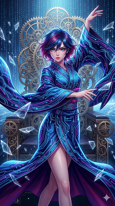 score_9, masterpiece, best quality, ultra-detailed, Set A: High-budget Anime Keyframe, Caucasian (strictly human ears) woman. Upper body close-up from the thighs up, character filling the screen for maximum presence. Dancing through a throne of gears