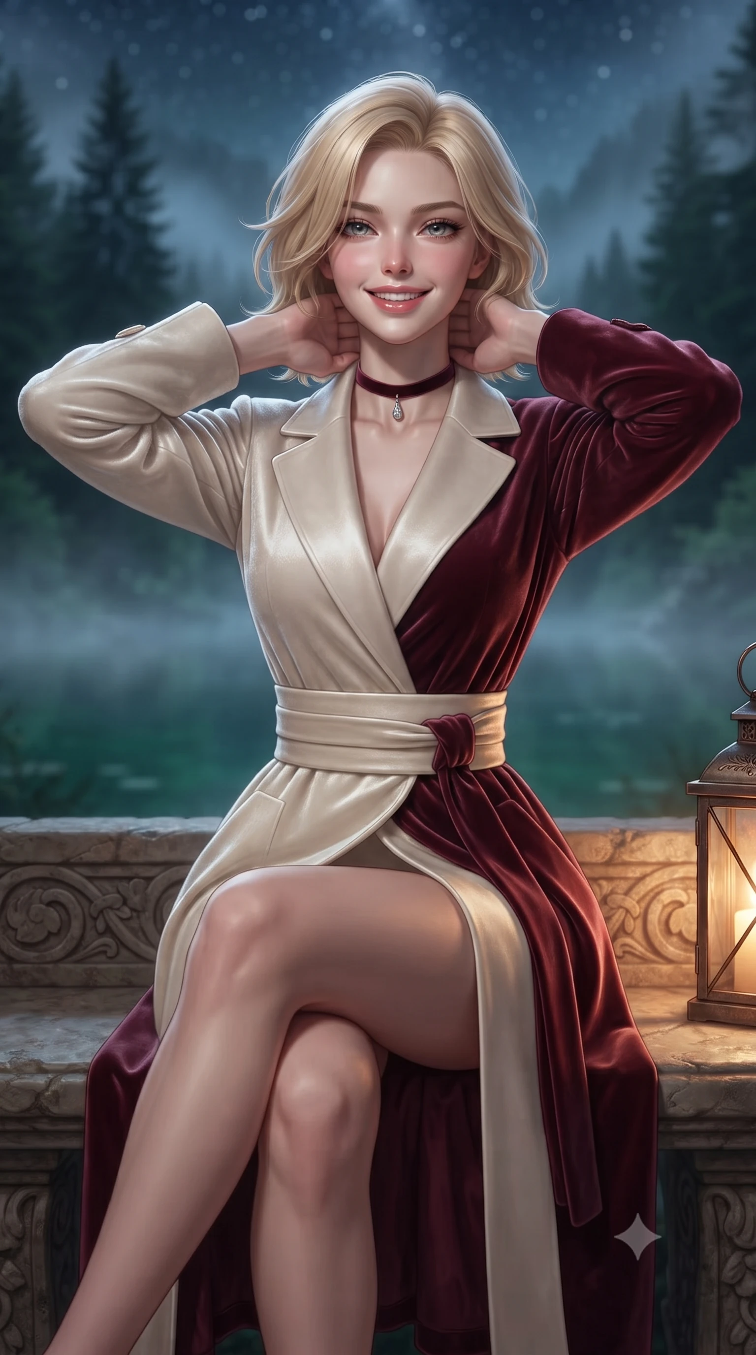 score_9, masterpiece, best quality, ultra-detailed, high-budget anime keyframe, editorial fashion photography, tasteful artistic composition, Caucasian woman. close-up cowboy shot from the waist and thighs up, the character dominates the composition, filling the frame with her large presence. resting both hands lightly behind her neck with elbows raised, arching her spine to highlight her narrow waist, flat midriff, and breathtaking collarbones while sitting gracefully on the carved stone bench with legs crossed, flashing a radiant, playful smile with parted glossy lips. The background shows a soft-focus emerald waters of the Alpsee lake veiled in nocturnal mist, towering dark Bavarian fir and pine forests, and starry alpine sky blurred into jade, slate, and sapphire bokeh. She has an exceptionally elegant, slender, and willowy female figure with an ultra-slim waist, flat toned midriff, narrow ribcage, and sculpted feminine hips creating an alluring, slim hourglass silhouette without bulk. sharp v-shaped jawline, high-bridge nose, intricate jewel-like sparkling eyes with depth, thick eyelashes, glossy parted lips with a natural peach sheen, bright cheerful beaming smile with an enchanting and coquettish sensual glint, exuding both youthful cute charm and seductive allure, flawlessly proportioned anatomical accuracy, strict slender model proportions, natural body alignment, perfectly sculpted long slender limbs, ultra-slim waistline, clean dynamic posture without body distortion. wearing a bespoke Japanese minimalist silk kimono-collar structured trench coat with obi sash belt in Belvedere ivory pearl and Habsburg bordeaux wine, tailored from ultra-plush silk velvet with rich tactile depth and deep shadow gradients, finished with a thin velvet ribbon choker and a single teardrop diamond pendant, the bespoke structured tailoring following the natural line of her 8.5-heads silhouette with refined elegance. bathed in the romantic amber 2400K iron lantern glow mixed with silver alpine moonlight and mist. ultra-reflective glossy finish, specular highlights, rich textural contrasts, high-contrast stereoscopic depth, volumetric dynamic lighting, 2k, ultra detail, master piece, 9:16 ratio
