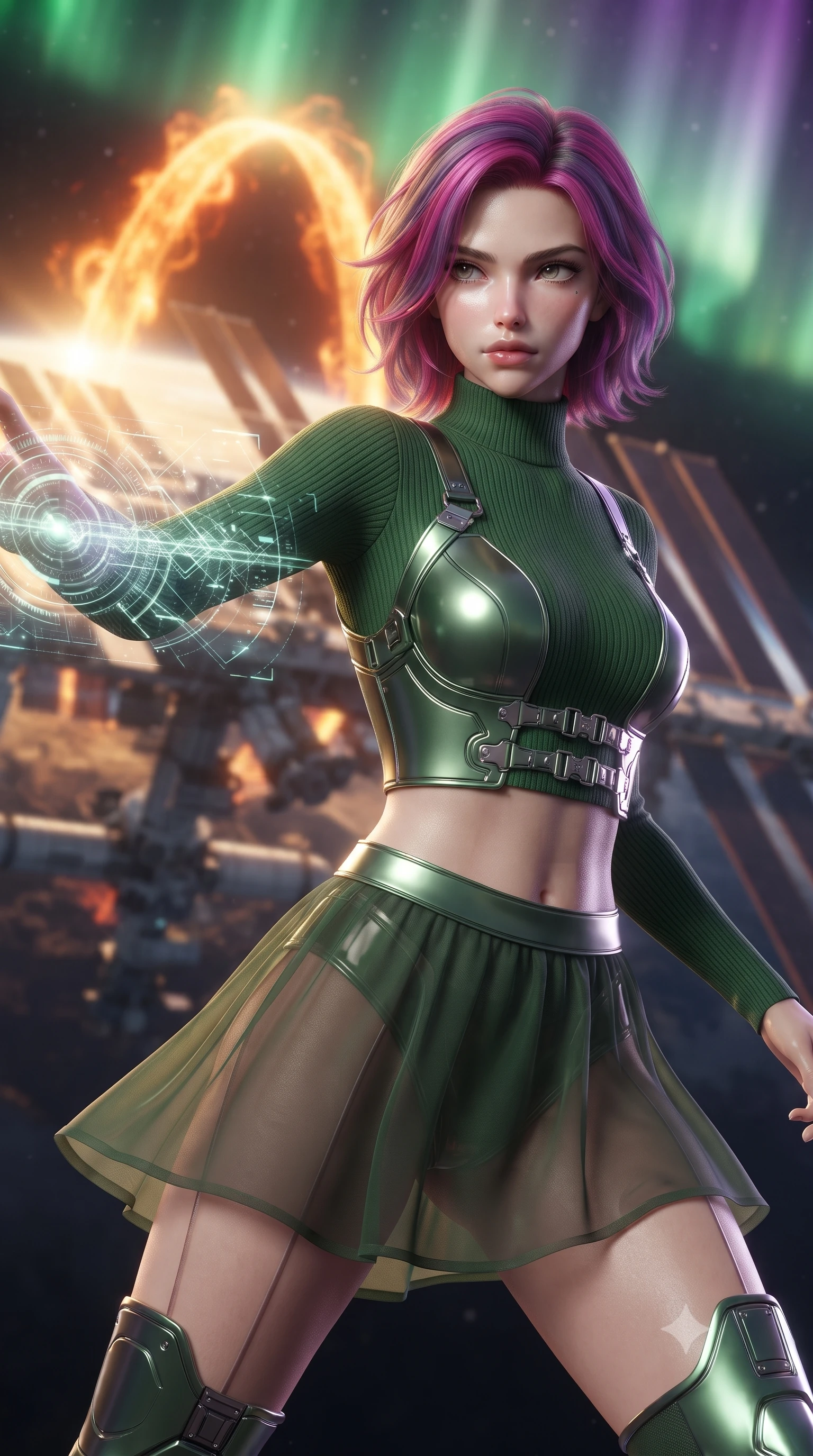 score_9, masterpiece, best quality, ultra-detailed, high-budget anime keyframe, editorial fashion photography, tasteful artistic composition, realistic cosplay photography, Caucasian woman, strictly human ears. close-up cowboy shot from the waist and thighs up, the character dominates the composition, filling the frame with her large presence, background elements kept in soft focus. Casting a digital tracking wave with an outstretched hand, her gaze locked on the escaping target. set against a soft-focus background of a space station orbiting a sun, a massive loop of orange solar plasma arching over the solar panels. She has an exceptionally elegant and slender, willowy female figure with an ultra-slim waist, a gracefully sculpted slender torso, and a refined slim physique. sharp v-shaped jawline, high-bridge nose, intricate jewel-like eyes with depth, thick eyelashes, glossy lips with a natural sheen. wearing tailored for maximum mobility, sleek form-contouring panels that allow fluid movement, a tailored high-neck ribbed crop top in forest green, paired with a mini skirt featuring a sheer chiffon overlay revealing her legs. illuminated by a shifting aurora palette of green violet and gold from above. ultra-reflective glossy finish, specular highlights, metallic sheen, high-contrast stereoscopic depth, volumetric dynamic lighting, 2k, ultra detail, master piece, 9:16 ratio