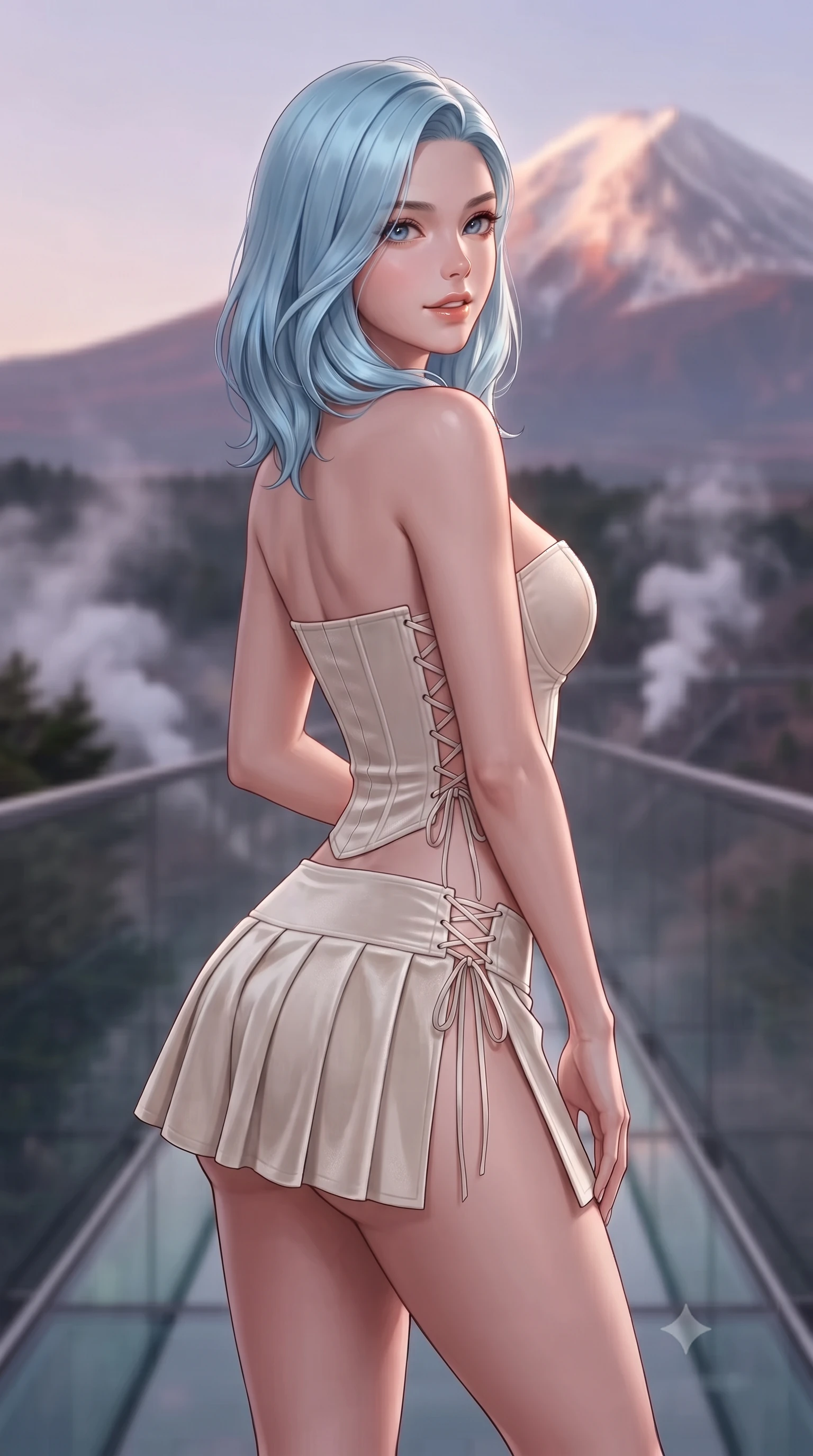 score_9, masterpiece, best quality, ultra-detailed, high-budget anime keyframe, editorial fashion photography, tasteful artistic composition, Korean woman. close-up cowboy shot from the waist and thighs up, the character dominates the composition, filling the frame with her large presence. posing in an alluring rear three-quarter angle, looking over a bare shoulder with parted glossy lips, her hips cocked back to highlight her slim hourglass curve while standing poised on the cantilevered structural glass bridge overlooking the misty Owakudani volcanic valley, arching her spine with commanding diva grace. The background shows a soft-focus snow-crested Mount Fuji glowing in evening alpenglow, wisps of volcanic steam from misty forested gorges, blurred into rose, violet, and charcoal bokeh. She has an exceptionally elegant, slender, and willowy female figure with an ultra-slim waist, flat toned midriff, narrow ribcage, and sculpted feminine hips creating an alluring, slim hourglass silhouette without bulk. sharp v-shaped jawline, high-bridge nose, intricate jewel-like sparkling eyes with depth, thick eyelashes, glossy parted lips with a natural peach sheen, bright cheerful beaming smile with an enchanting and coquettish sensual glint, exuding both youthful cute charm and seductive allure, flawlessly proportioned anatomical accuracy, strict slender model proportions, natural body alignment, perfectly sculpted long slender limbs, ultra-slim waistline, clean dynamic posture without body distortion. wearing a structured Seville boned lace-up bustier top paired with an ultra-short low-rise pleated micro mini skirt in Belvedere ivory pearl and Habsburg bordeaux wine, tailored from ultra-plush silk velvet with rich tactile depth and deep shadow gradients, featuring fine criss-cross lace-up side ties revealing tantalizing glimpses of her hip curve, the high-slit wrap tailoring accentuating her ultra-slim waistline and the enchanting curve of her feminine hips with alluring seductive charm. illuminated by tatami floor bounce and sharp rose-gold rim lights sculpting her jawline, narrow waist, and curvy hips. ultra-reflective glossy finish, specular highlights, rich textural contrasts, high-contrast stereoscopic depth, volumetric dynamic lighting, 2k, ultra detail, master piece, 9:16 ratio