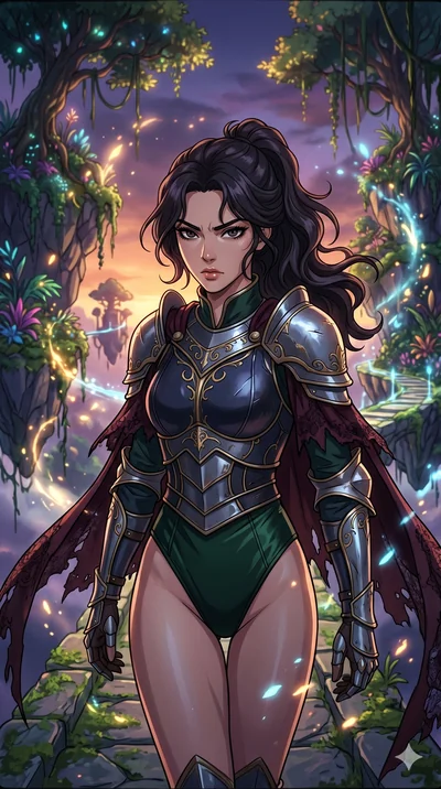 score_9, masterpiece, best quality, ultra-detailed, Set A: High-budget Anime Keyframe, Korean woman. Upper body close-up from the thighs up, character filling the screen for maximum presence. Walking gracefully through a floating botanical garden, wi