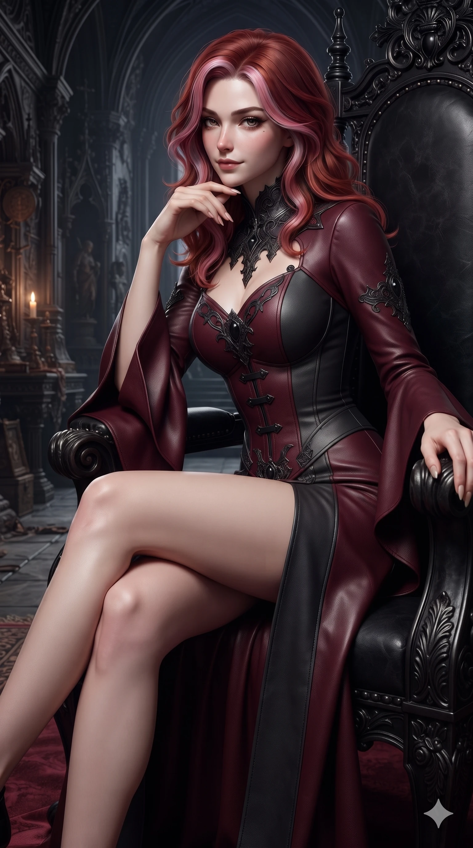 score_9, masterpiece, best quality, ultra-detailed, high-budget anime keyframe, editorial fashion photography, tasteful artistic composition, Caucasian woman. close-up cowboy shot from the waist and thighs up, the character dominates the composition, filling the frame with her large presence. glancing sidelong over her shoulder with a smoldering, enigmatic half-smile that commands the frame while seated sideways on the obsidian throne arm with one leg extended, resting her chin on long manicured fingers with regal dark dominance. The surrounding environment is rendered in vivid detail and crisp panoramic clarity: detailed gothic high-collar silk evening gown tailoring, bell sleeve flare, and opulent occult regalia in razor-sharp clarity. She has an exceptionally elegant, slender, and willowy female figure with an ultra-slim waist, flat toned midriff, narrow ribcage, and sculpted feminine hips creating an alluring, slim hourglass silhouette without bulk. sharp v-shaped jawline, high-bridge nose, intricate jewel-like dark sparkling eyes with hypnotic seductive depth, thick curled eyelashes, glossy parted lips with a natural wine sheen, alluring bedroom-eyes with an enigmatic smoldering smile, exuding magnetic sovereign charisma and dark avant-garde glamour, flawlessly proportioned anatomical accuracy, strict slender model proportions, natural body alignment, perfectly sculpted long slender limbs, ultra-slim waistline, clean dynamic posture without body distortion. wearing a low-cut gothic structured bodice gown with high leg slit in deep crimson burgundy and matte charcoal, made of supple butter-soft lambskin leather with a subtle satin sheen, adorned with minimalist black onyx hardware framing the silhouette, accentuating her gracefully sculpted slender torso and statuesque proportions. illuminated by velvet dais floor bounce and sharp emerald-platinum rim lights sculpting her razor-sharp jawline, narrow waist, and curvy hips. ultra-reflective glossy finish, specular highlights, metallic sheen, high-contrast stereoscopic depth, volumetric dynamic lighting, 2k, ultra detail, master piece, 9:16 ratio