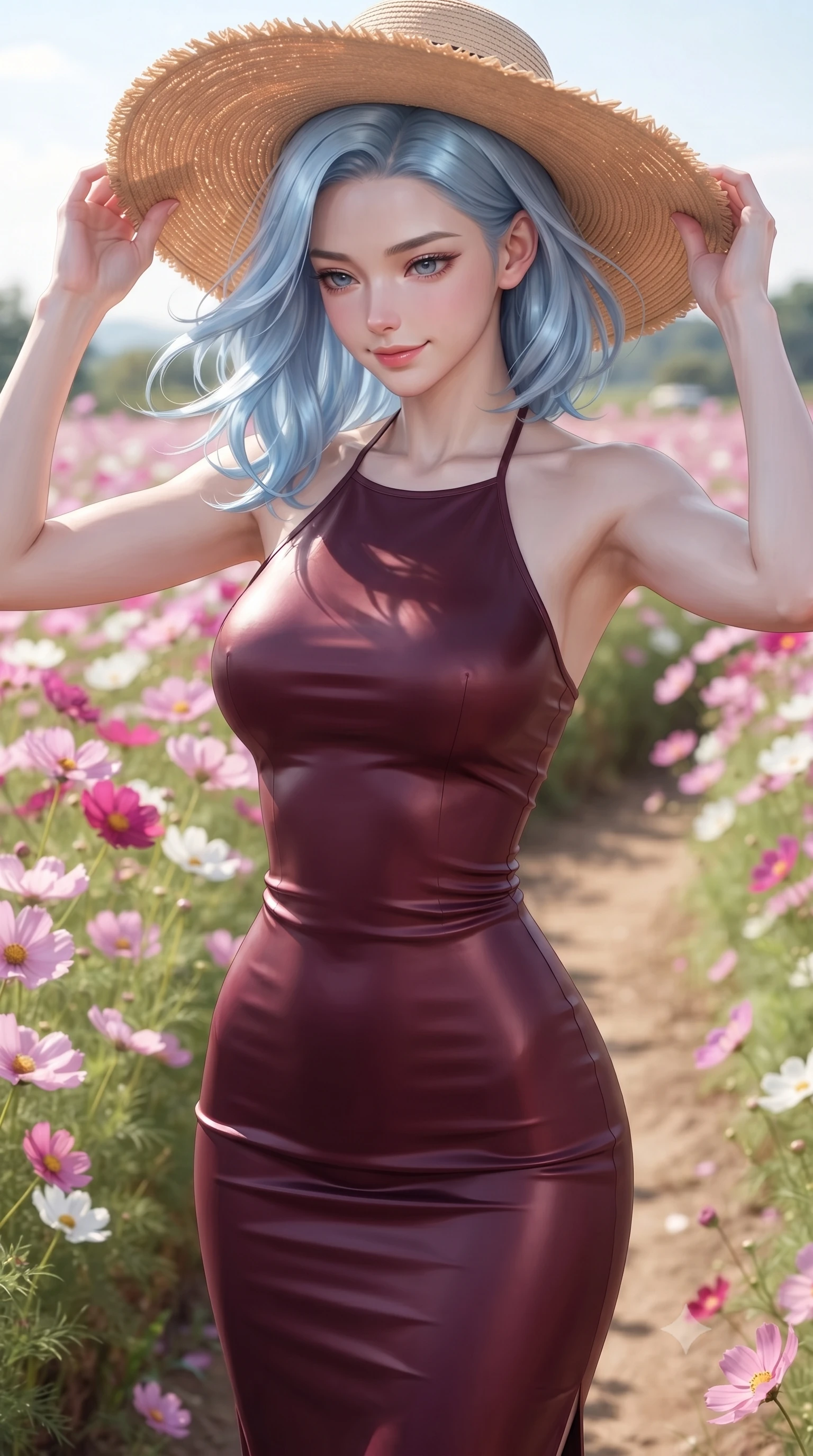 score_9, masterpiece, best quality, ultra-detailed, high-budget anime keyframe, editorial fashion photography, tasteful artistic composition, Korean woman woman. close-up cowboy shot from the waist and thighs up, the character dominates the composition, filling the frame with her large presence, background elements kept in soft focus. holding a wide-brimmed straw hat with both hands against the breeze, looking down with a soft smile the background shows a soft-focus a dirt path passing through a vast field of tall blooming pink and white cosmos flowers. She has an exceptionally elegant, slender, and willowy female figure with an ultra-slim waist, a gracefully sculpted slender torso, and a refined silhouette. sharp v-shaped jawline, high-bridge nose, intricate jewel-like eyes with depth, thick eyelashes, glossy lips with a natural sheen. wearing a slim-fit form-fitting halter dress in deep burgundy, contouring her athletic, slender build. bright, direct afternoon sun rays casting cheerful highlights. ultra-reflective glossy finish, specular highlights, metallic sheen, high-contrast stereoscopic depth, volumetric dynamic lighting, 2k, ultra detail, master piece, 9:16 ratio