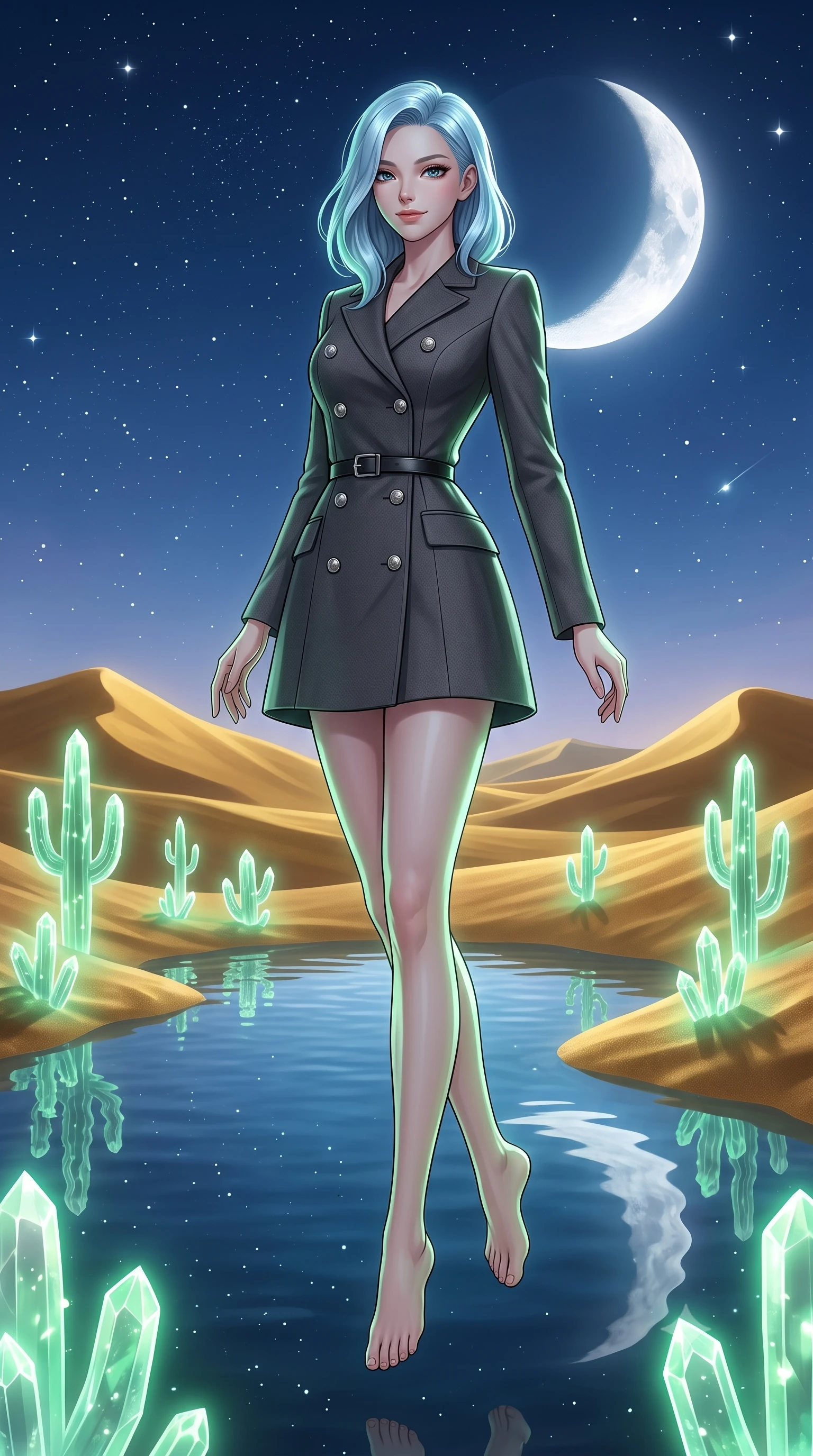 score_9, masterpiece, best quality, ultra-detailed, high-budget anime keyframe, editorial fashion photography, tasteful artistic composition, Korean woman. low angle full-body shot from head to toe showing her feet, filling the entire 9:16 vertical frame with her statuesque presence, stretching her vertical silhouette. floating with a serene, happy lightness within standing beside a pristine desert pool surrounded by shifting gold sand dunes and glowing crystal cacti under a clear starry night. She has a statuesque 8.5-heads proportion, an exceptionally tall, slender and willowy model-like build with impossibly long legs and a highly sculpted ultra-slim waist. sharp v-shaped jawline, high-bridge nose, intricate jewel-like eyes with depth, thick eyelashes, glossy lips with a natural sheen. wearing a double-breasted charcoal coat dress with silver buttons, styled with a slim black leather belt. soft white moonlight from a large crescent moon with a gentle green bioluminescent glow from the cacti. 2k, ultra detail, master piece, 9:16 ratio