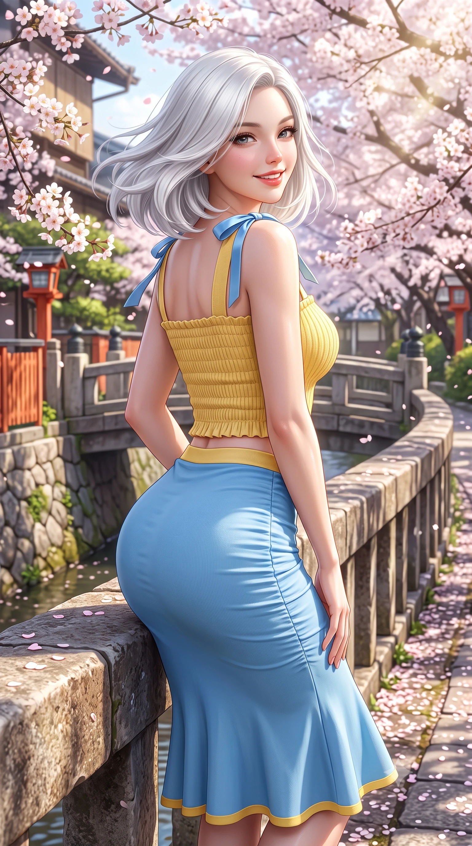 score_9, masterpiece, best quality, ultra-detailed, high-budget anime keyframe, semi-realistic 3D game render, editorial fashion photography, tasteful artistic composition, Korean woman. close-up cowboy shot from the waist and thighs up, the character dominates the composition, filling the frame with her large presence. turning playfully with a bright confident smile, her glossy hair tossing in the breeze as her hips angle gracefully in a captivating contrapposto while leaning against a rustic stone canal parapet with hips cocked back, looking over a bare shoulder with shy yet deliciously coquettish eyes. The surrounding environment is rendered in vivid detail and crisp panoramic clarity. detailed silk dress drape, soft sun glints on skin, and Philosopher's Path landscape clarity in high resolution. She has an exceptionally elegant, slender, and willowy female figure with an ultra-slim waist, flat toned midriff, narrow ribcage, and sculpted feminine hips creating an alluring, slim hourglass silhouette without bulk. sharp v-shaped jawline, high-bridge nose, intricate jewel-like sparkling eyes with depth, thick eyelashes, glossy parted lips with a natural peach sheen, bright cheerful beaming smile with an enchanting and coquettish sensual glint, exuding both youthful cute charm and seductive allure, flawlessly proportioned anatomical accuracy, strict slender model proportions, natural body alignment, perfectly sculpted long slender limbs, ultra-slim waistline, clean dynamic posture without body distortion. wearing a fitted square-neck smocked crop top paired with a curve-hugging ruched mermaid midi skirt in sunny daffodil yellow and clear sky blue, formed from supple second-skin stretch ribbed knit clinging to her form, finished with cute satin bow ribbons tying at the shoulders, the glove-like silhouette tightly following the natural contour of her hips and long slender legs with youthful 8.5-heads elegance. bathed in bright morning spring sunlight scattering through blooming flower canopies. highly saturated vibrant anime colors, detailed shading with soft gradients, rich glossy textures, high-contrast stereoscopic depth, volumetric dynamic lighting, master piece, 9:16 ratio
