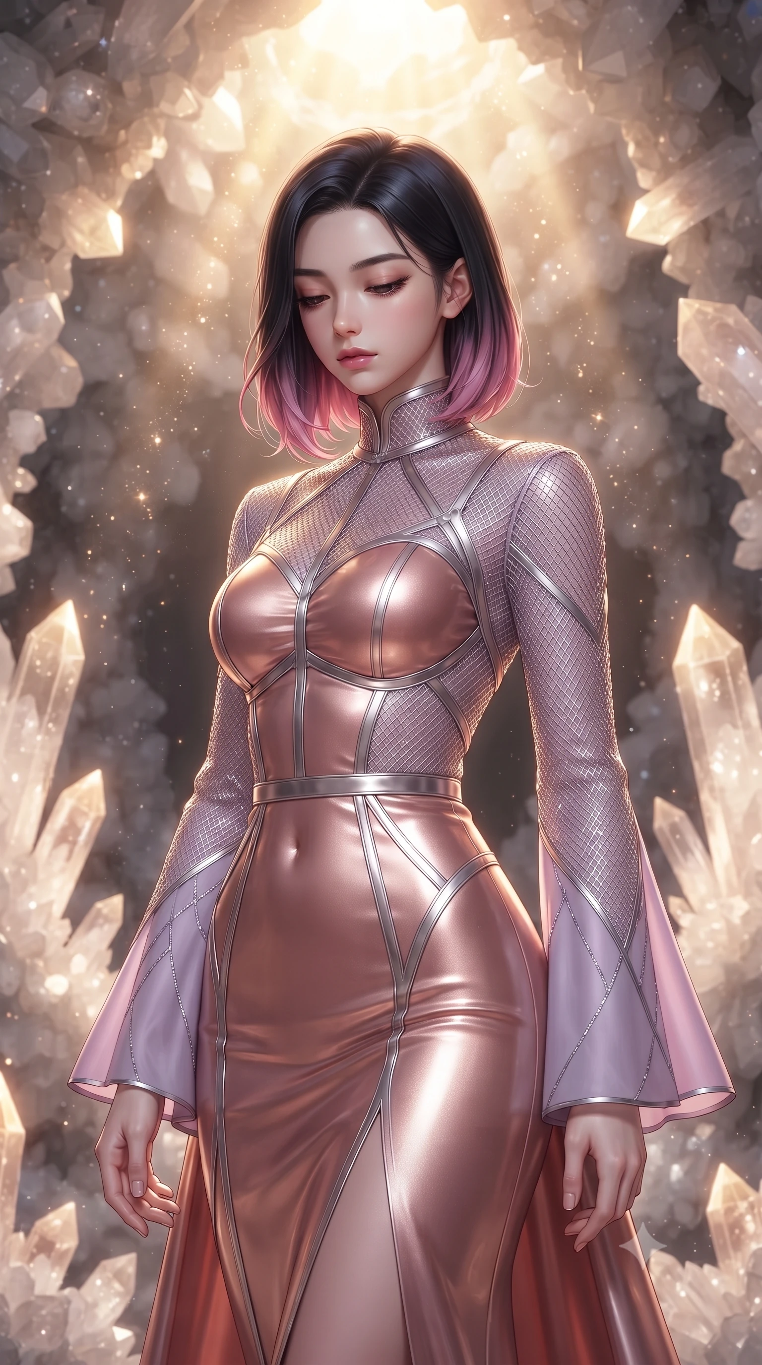 score_9, masterpiece, best quality, ultra-detailed, high-budget anime keyframe, editorial fashion photography, tasteful artistic composition, Korean woman. close-up cowboy shot from the waist and thighs up, the character dominates the composition, filling the frame with her large presence, background elements kept in soft focus. Looking down with lowered lashes and a composed, powerful aura, inside a colossal white quartz geode cavern illuminated by glowing crystal spires, fine crystal dust sparkling in warm sunlight filtering from above. She has an exceptionally elegant, slender, and willowy female figure with an ultra-slim waist, a gracefully sculpted slender torso, and a refined silhouette. sharp v-shaped jawline, high-bridge nose, intricate jewel-like eyes with depth, thick eyelashes, glossy lips with a natural sheen. wearing gothic high-collar rose-gold silk evening gown with long bell sleeves in pastel lavender violet, made of fine silver contouring mesh, highlighted by a platinum metallic harness structure, sculpting her athletic slender build with refined precision. lit by intense golden key rays contrasting against deep crystal shadows. ultra-reflective glossy finish, specular highlights, metallic sheen, high-contrast stereoscopic depth, volumetric dynamic lighting, 2k, ultra detail, master piece, 9:16 ratio