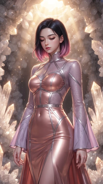 score_9, masterpiece, best quality, ultra-detailed, high-budget anime keyframe, editorial fashion photography, tasteful artistic composition, Korean woman. close-up cowboy shot from the waist and thighs up, the character dominates the composition, fi