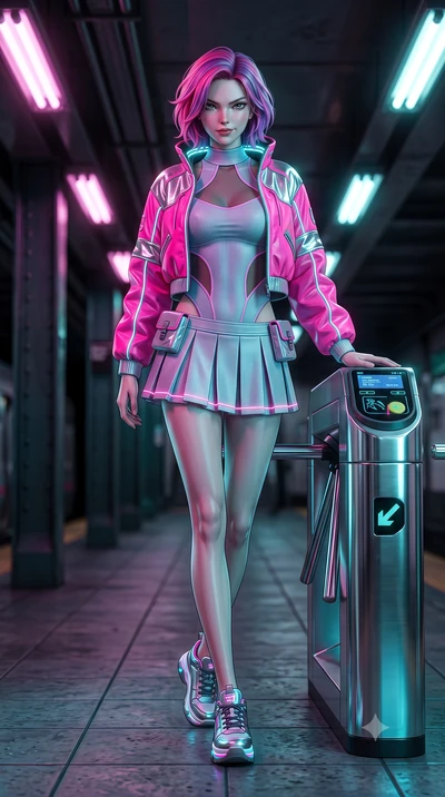 score_9, masterpiece, best quality, ultra-detailed, high-budget anime keyframe, semi-realistic 3D game render, editorial fashion photography, tasteful artistic composition, Caucasian woman. low angle full-body shot from head to toe showing her feet, 