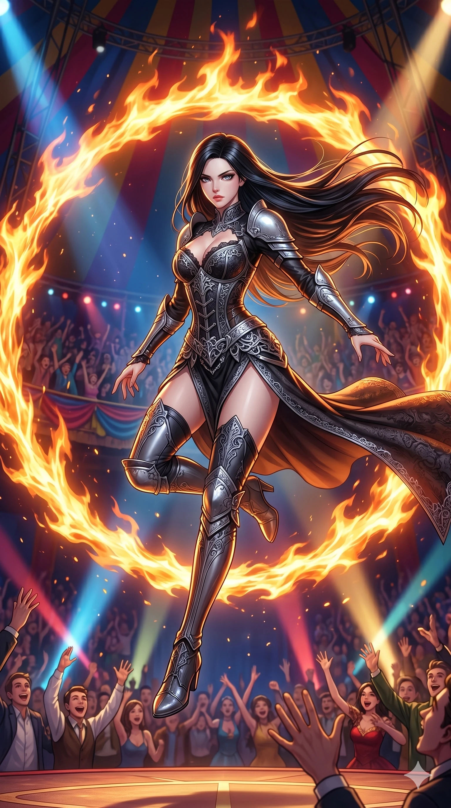 score_9, masterpiece, best quality, ultra-detailed, Set C: High-budget Anime Keyframe, Korean woman. Low angle cowboy shot filling the entire 9:16 frame with her statuesque presence. Leaping through a ring of fire on a circus stage with cheering crowds and vibrant lights. She has an absolutely perfect 8-heads proportion, an exceptionally tall and slender female figure with elegant long slender legs and an slender waist. Sharp v-shaped jawline, high-bridge nose, intricate jewel-like eyes with depth, thick eyelashes, glossy lips. Wearing a Dark Fantasy outfit: gothic lace corset gown with a sleek leg line and silver armor details. Background is a bright and colorful circus tent with dynamic spotlights and orange fire glows. 2k, ultra detail, master piece, 9:16 ratio