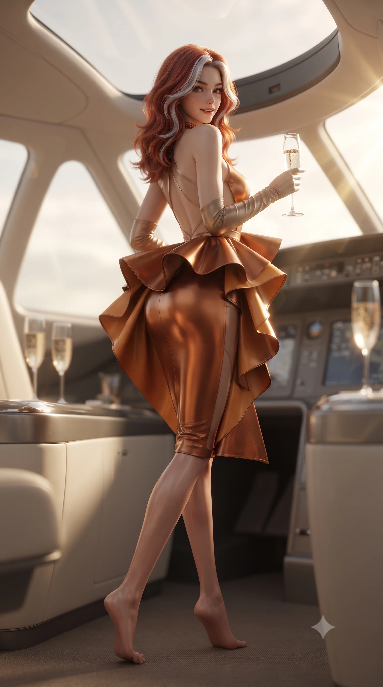 score_9, masterpiece, best quality, ultra-detailed, high-budget anime keyframe, editorial fashion photography, tasteful artistic composition, Caucasian woman. low angle full-body shot from head to toe showing her feet, filling the entire 9:16 vertical frame with her statuesque presence, stretching her vertical silhouette. executing an elegant mid-motion pivot turn as garments swirl around her slender limbs, glancing over her shoulder with an intoxicating bedroom-gaze while leaning against the panoramic aircraft glass console with hips cocked back, looking over her shoulder with an audacious, high-altitude jet-set smile. The composition keeps background elements in soft focus with creamy bokeh. sleek aerodynamic cabin bulkheads and champagne flutes softened in luxurious shallow focus. She has an exceptionally tall and slender model-like 8.5-heads proportion, an ultra-slim waist, a flat toned midriff, narrow delicate ribcage, and beautifully sculpted feminine hips creating a graceful, slim hourglass silhouette without any bulky heaviness, with impossibly long slender legs. sharp v-shaped jawline, high-bridge nose, intricate jewel-like eyes with depth, thick eyelashes, glossy parted lips with a natural sheen, intensely captivating and seductive bedroom-eyes expression, flawlessly proportioned anatomical accuracy, strict slender model proportions, natural body alignment, perfectly sculpted long slender limbs, ultra-slim waistline, clean dynamic posture without body distortion. wearing a structural geometric peplum gown with sheer side-ribbon cutouts and form-fitting skirt in rich copper bronze and warm amber, formed from supple second-skin lambskin leather with specular sheen, accessorized with opera-length satin gloves and a vintage crystal glass, the glove-like aerodynamic silhouette tightly following the natural contour of her hips and long slender legs with statuesque 8.5-heads elegance. bathed in glorious golden hour stratospheric sunbeams filtering through the glass canopy. ultra-reflective glossy finish, specular highlights, rich textural contrasts, high-contrast stereoscopic depth, volumetric dynamic lighting, 2k, ultra detail, master piece, 9:16 ratio