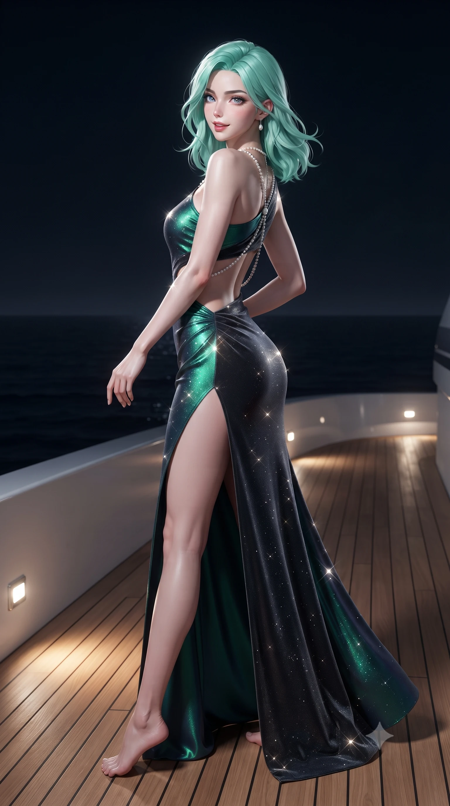 score_9, masterpiece, best quality, ultra-detailed, high-budget anime keyframe, editorial fashion photography, tasteful artistic composition, Japanese woman. low angle full-body shot from head to toe showing her feet, filling the entire 9:16 vertical frame with her statuesque presence, stretching her vertical silhouette. executing a slow, graceful pivot turn as her skirt sways around her slender legs, glancing back with an enchanting, teasing sensual expression while twisting her slender torso in an alluring contrapposto stance, coastal sea breezes molding her sheer gown to her long slender legs and curvy hips. The surrounding environment is rendered in vivid detail and crisp panoramic clarity: detailed plunging cowl-neck silk satin gown drape, gold jewelry sparkle, and modern naval architecture in razor-sharp precision. She has an absolutely perfect, statuesque 8.5-heads proportion, an exceptionally tall and slender model-like female figure with impossibly long slender legs, an ultra-slim waist, a flat toned midriff, narrow delicate ribcage, and beautifully sculpted feminine hips creating a graceful, slim hourglass silhouette without any bulky heaviness. sharp v-shaped jawline, high-bridge nose, sparkling eyes with hypnotic seductive depth, thick curled eyelashes, glossy parted lips with a natural dewy peach sheen, alluring bedroom-eyes with an enchanting coquettish smile, exuding magnetic siren charisma and sophisticated glamour, flawlessly proportioned anatomical accuracy, strict slender model proportions, natural body alignment, perfectly sculpted long slender limbs, ultra-slim waistline, clean dynamic posture without body distortion. wearing an asymmetric one-shoulder liquid jersey gown with dramatic hip-high slit and sculptural waist cutout in iridescent emerald satin and dark charcoal velvet, woven from stretch metallic lurex jersey casting radiant starlight glints across her silhouette, accented with a pearl-drop body harness subtly framing her dewy collarbones and spine, the liquid-tight tailored fabric clinging flawlessly to her narrow waist and rounded feminine hips, emphasizing every millimeter of her sculpted slim hourglass curves without any bulky heaviness. bathed in brilliant pure silver moonlight reflecting off the Mediterranean Sea paired with warm teak deck downlights. ultra-reflective glossy finish, specular highlights, rich textural contrasts, high-contrast stereoscopic depth, volumetric dynamic lighting, 2k, ultra detail, master piece, 9:16 ratio