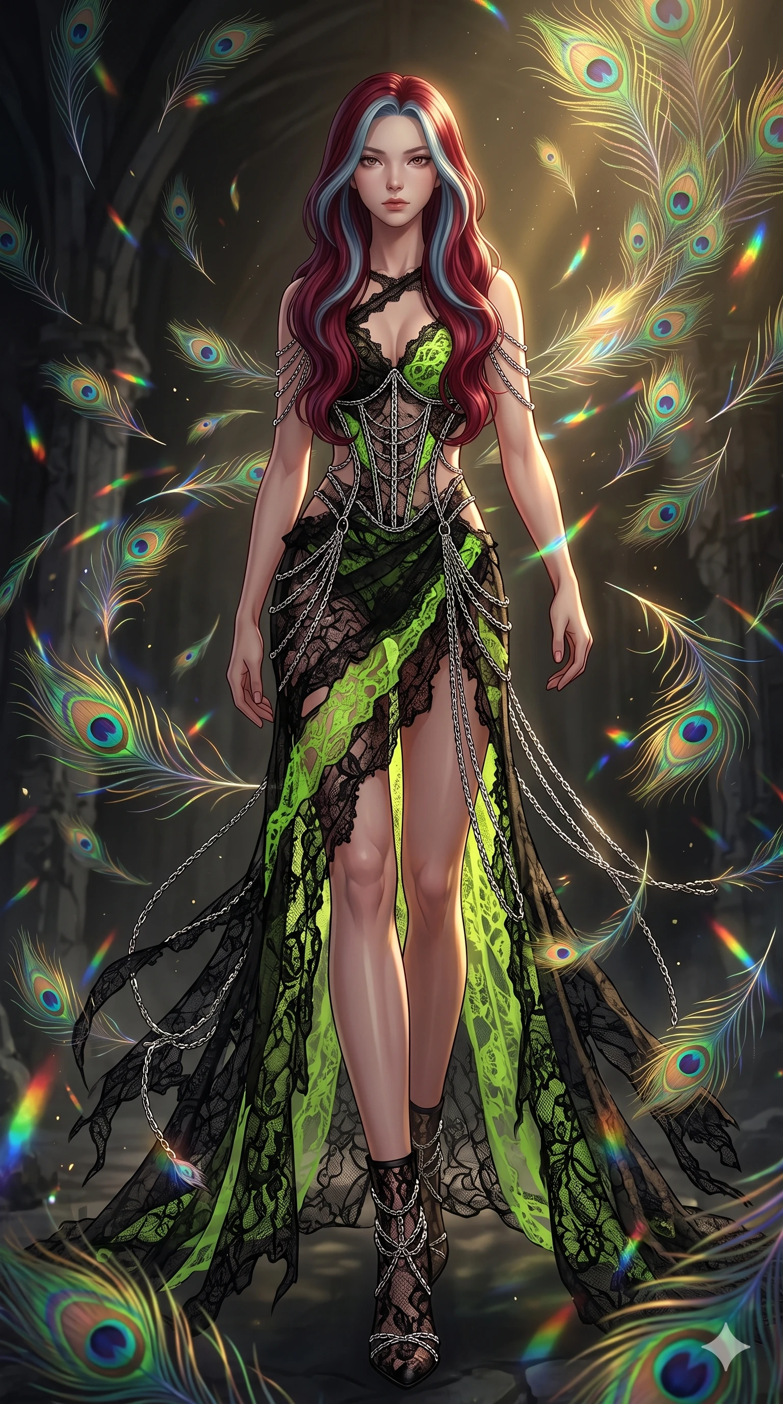score_9, masterpiece, best quality, ultra-detailed, high-budget anime keyframe, editorial fashion photography, tasteful artistic composition, Caucasian woman, strictly human ears. low angle full-body shot from head to toe showing her feet, filling the entire 9:16 vertical frame with her statuesque presence, stretching her vertical silhouette. striding with confident determination through caught in a magnificent storm of thousands of iridescent peacock feathers that catch and scatter light into rainbow fractals as they swirl in complex spiraling patterns through the air. She has a statuesque 8.5-heads proportion, an exceptionally tall, slender and willowy model-like build with impossibly long legs and a highly sculpted ultra-slim waist. sharp v-shaped jawline, high-bridge nose, intricate jewel-like eyes with depth, thick eyelashes, glossy lips with a natural sheen. wearing a deconstructed lace gown in black, detailed with neon green lace panels, corset structure, and dangling silver chain accents. dramatic chiaroscuro with a single golden key light sculpting her silhouette. 2k, ultra detail, master piece, 9:16 ratio