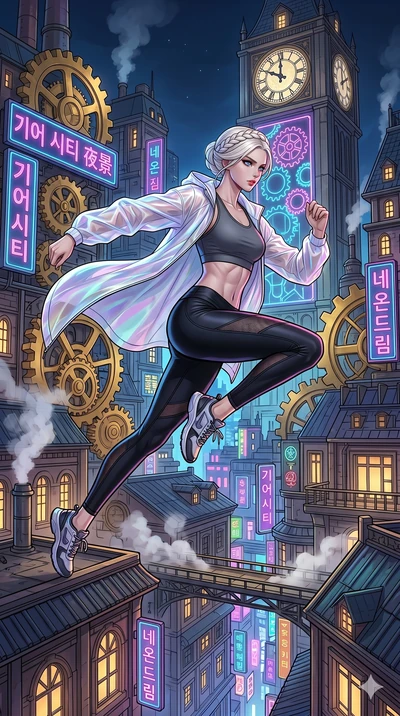 score_9, masterpiece, best quality, ultra-detailed, Set C: High-budget Anime Keyframe, Korean woman. Low angle cowboy shot filling the entire 9:16 frame with her statuesque presence. Leaping across the rooftops of a steampunk city at night with neon 