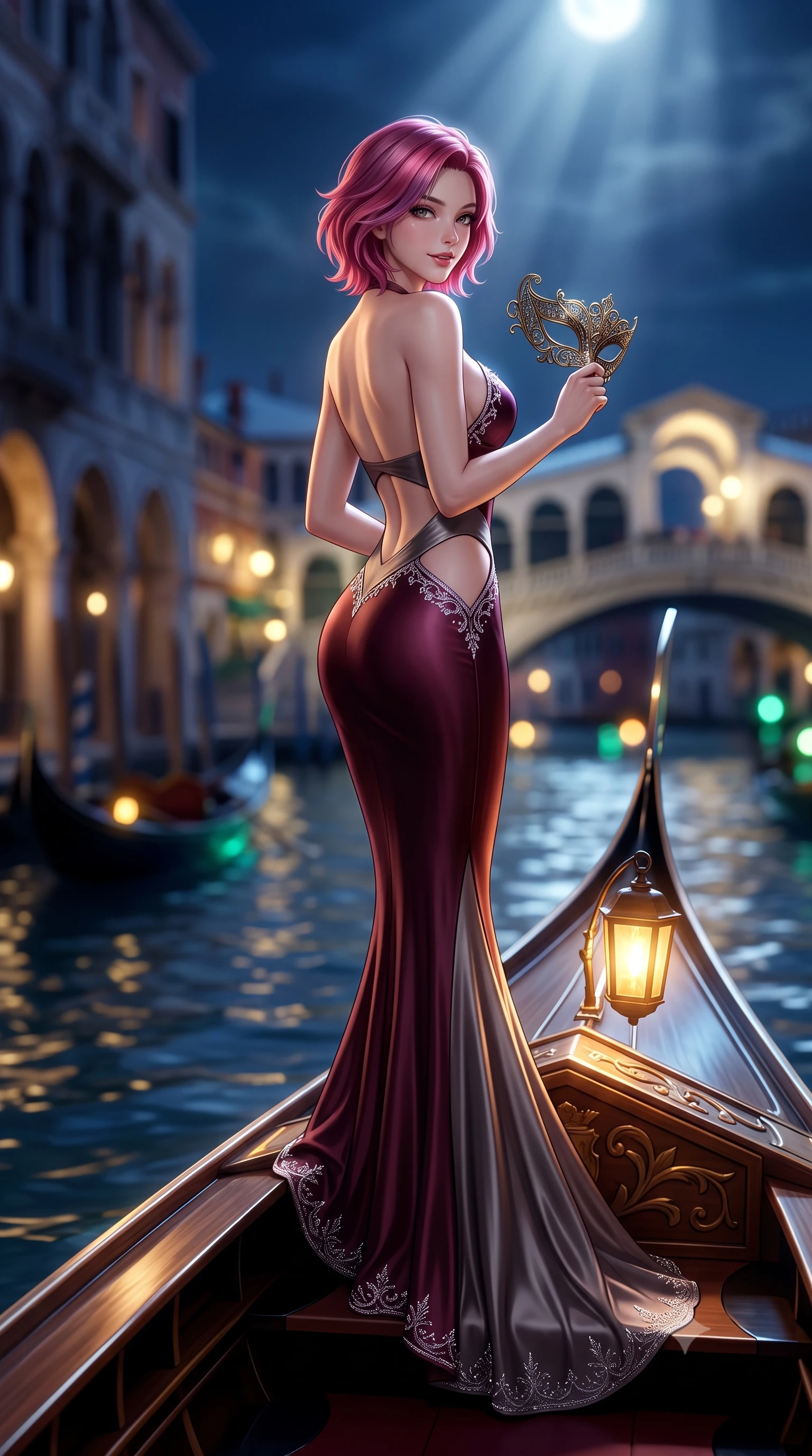 score_9, masterpiece, best quality, ultra-detailed, high-budget anime keyframe, semi-realistic 3D game render, editorial fashion photography, tasteful artistic composition, Caucasian woman. low angle full-body shot from head to toe showing her feet, filling the entire 9:16 vertical frame with her statuesque presence, stretching her vertical silhouette. executing an elegant mid-motion pivot turn as garments swirl around her slender limbs, glancing over her shoulder with an intoxicating bedroom-gaze while perching sideways on the polished wood gondola gunwale, looking back over a bare shoulder with an alluring, teasing smile as she holds an ornate filigree mask. The composition keeps background elements in soft focus with creamy bokeh. moonlit Grand Canal waters and distant Venetian palazzo arches blurred into deep sapphire, antique gold, and emerald bokeh. She has an exceptionally tall and slender model-like 8.5-heads proportion, an ultra-slim waist, a flat toned midriff, narrow delicate ribcage, and beautifully sculpted feminine hips creating a graceful, slim hourglass silhouette without any bulky heaviness, with impossibly long slender legs. sharp v-shaped jawline, high-bridge nose, intricate jewel-like eyes with depth, thick eyelashes, glossy parted lips with a natural sheen, intensely captivating and seductive bedroom-eyes expression, flawlessly proportioned anatomical accuracy, strict slender model proportions, natural body alignment, perfectly sculpted long slender limbs, ultra-slim waistline, clean dynamic posture without body distortion. wearing a sculptured liquid-satin mermaid gown with an architectural open-waist cutout and bare spine in deep wine burgundy and brushed dark platinum, tailored from liquid silk jersey adhering flawlessly to her slender build, finished with delicate crystal frost embroidery tracing the plunging neckline, the glove-like aerodynamic silhouette tightly following the natural contour of her hips and long slender legs with statuesque 8.5-heads elegance. bathed in cool silver full-moon light streaming from above and warm amber gondola lantern uplights. highly saturated vibrant anime colors, detailed shading with soft gradients, rich glossy textures, high-contrast stereoscopic depth, volumetric dynamic lighting, master piece, 9:16 ratio