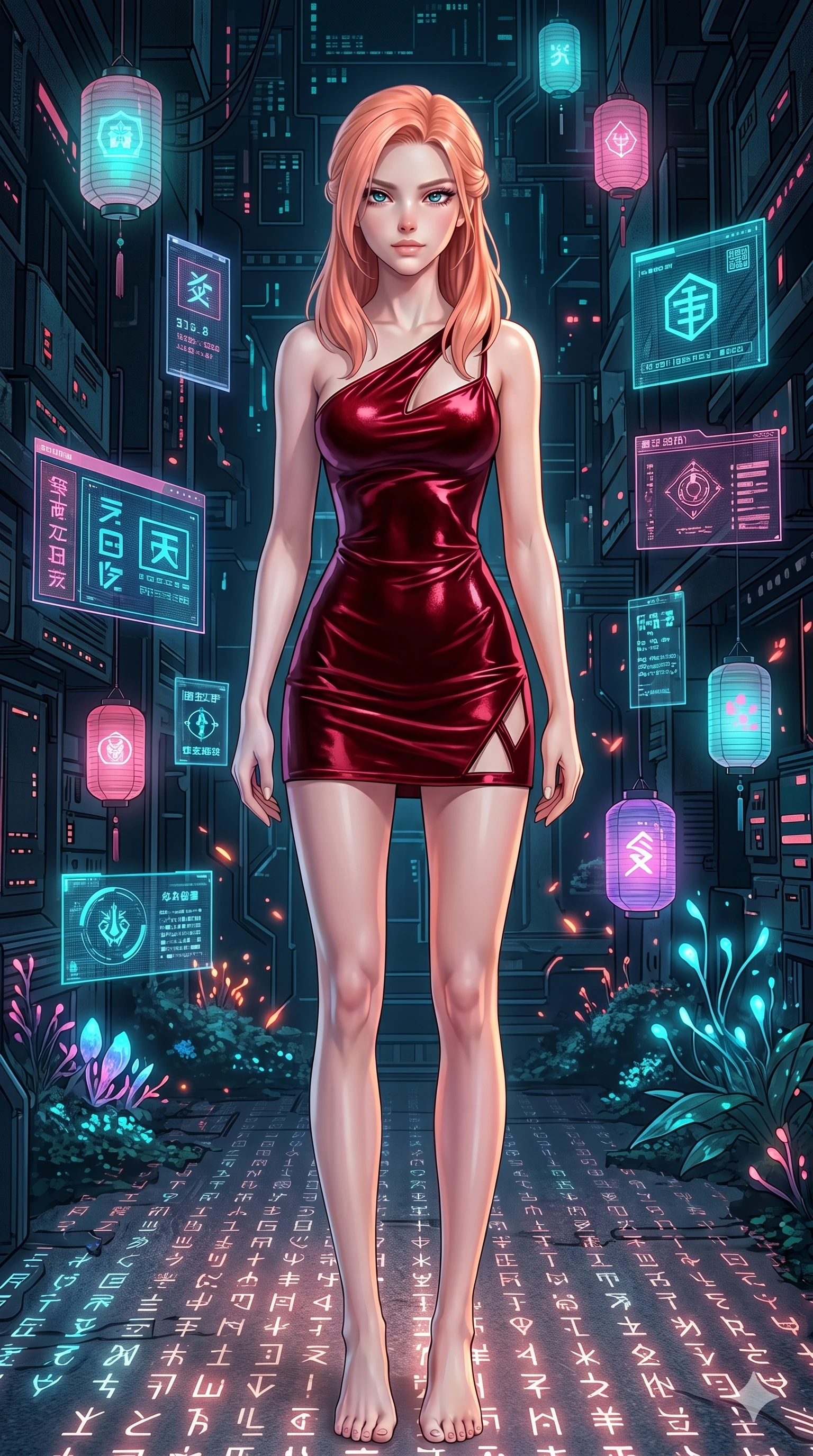 score_9, masterpiece, best quality, ultra-detailed, high-budget anime keyframe, editorial fashion photography, tasteful artistic composition, Japanese woman. upper body close-up from the thighs up, character filling the screen for maximum presence. diving deep into in a cybernetic pagoda surrounded by floating holographic lanterns as glowing runes and symbols fade in and out on the ground. She has an absolutely perfect 8-heads proportion, an exceptionally tall and slender female figure with impossibly long slender legs and an ultra-slim waist. V-shaped jawline, high-bridge nose, intricate jewel-like eyes with depth, thick eyelashes, glossy lips with a natural sheen.. wearing an asymmetric liquid velvet slip dress, featuring a wet-look deep crimson red velvet one-shoulder mini slip with asymmetric geometric cutout trim. enhanced by the soft inner light of bioluminescent flora and neon embers in the background. 2k, ultra detail, master piece, 9:16 ratio