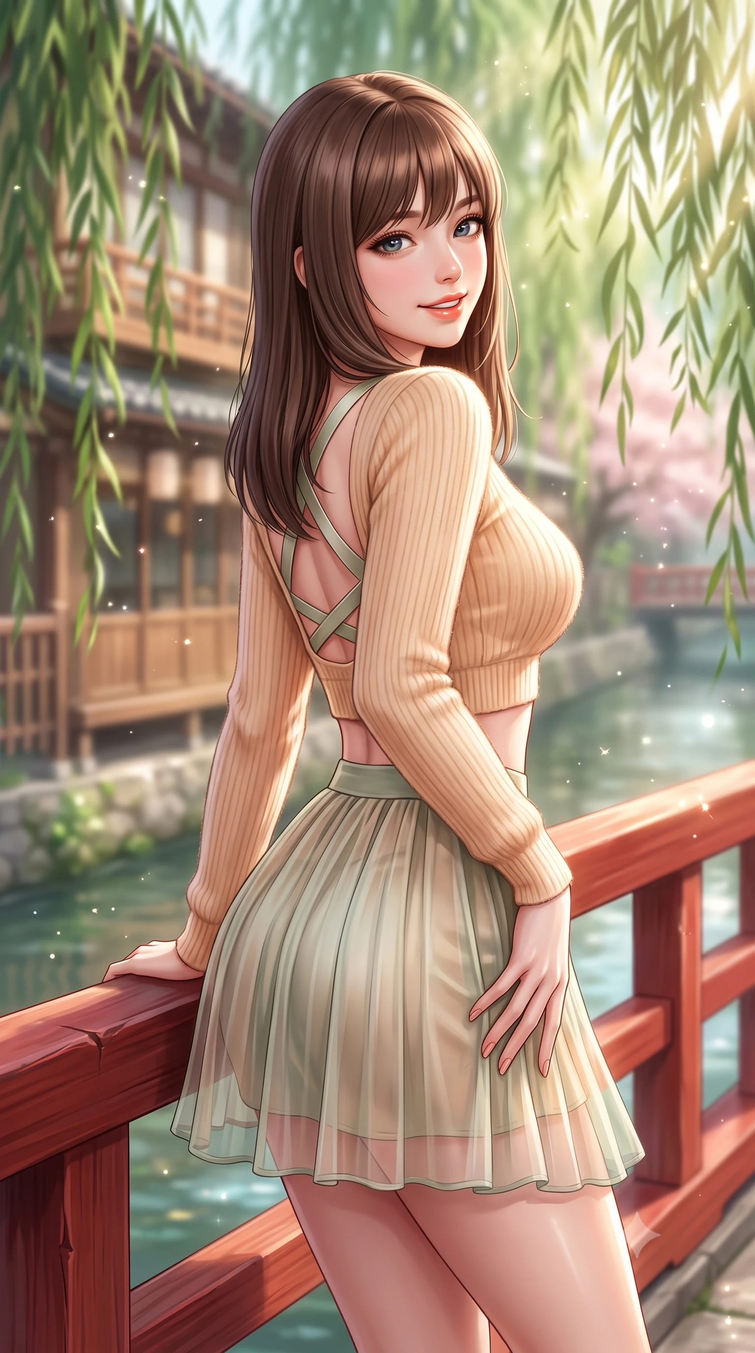 score_9, masterpiece, best quality, ultra-detailed, high-budget anime keyframe, semi-realistic 3D game render, editorial fashion photography, tasteful artistic composition, Korean woman. close-up cowboy shot from the waist and thighs up, the character dominates the composition, filling the frame with her large presence. tilting her head with a cute beaming smile while arching her spine with effortless dancer poise, one hand sliding along her hip line in a flirtatious S-curve while leaning against the red-lacquered wooden bridge railing with hips cocked back, looking over a bare shoulder with shy yet deliciously coquettish eyes. The composition keeps background elements in soft focus with dreamy creamy bokeh. swaying emerald weeping willow branches and historic wooden teahouse facades blurred into soft jade, amber, and cherry blossom bokeh. She has an exceptionally elegant, slender, and willowy female figure with an ultra-slim waist, flat toned midriff, narrow ribcage, and sculpted feminine hips creating an alluring, slim hourglass silhouette without bulk. sharp v-shaped jawline, high-bridge nose, intricate jewel-like sparkling eyes with depth, thick eyelashes, glossy parted lips with a natural peach sheen, bright cheerful beaming smile with an enchanting and coquettish sensual glint, exuding both youthful cute charm and seductive allure, flawlessly proportioned anatomical accuracy, strict slender model proportions, natural body alignment, perfectly sculpted long slender limbs, ultra-slim waistline, clean dynamic posture without body distortion. wearing a soft angora crop knit sweater with a sheer pleated organza mini skirt over an opaque silk slip in soft apricot and sage green, formed from supple second-skin stretch ribbed knit clinging to her form, finished with criss-cross back satin straps highlighting her graceful shoulder blades, the form-contouring cut accentuating her sculpted flat midriff, narrow delicate ribcage, and gracefully curvy hips with supermodel precision. bathed in soft, sparkling morning sunbeams filtering through willow fronds onto the canal. highly saturated vibrant anime colors, detailed shading with soft gradients, rich glossy textures, high-contrast stereoscopic depth, volumetric dynamic lighting, master piece, 9:16 ratio