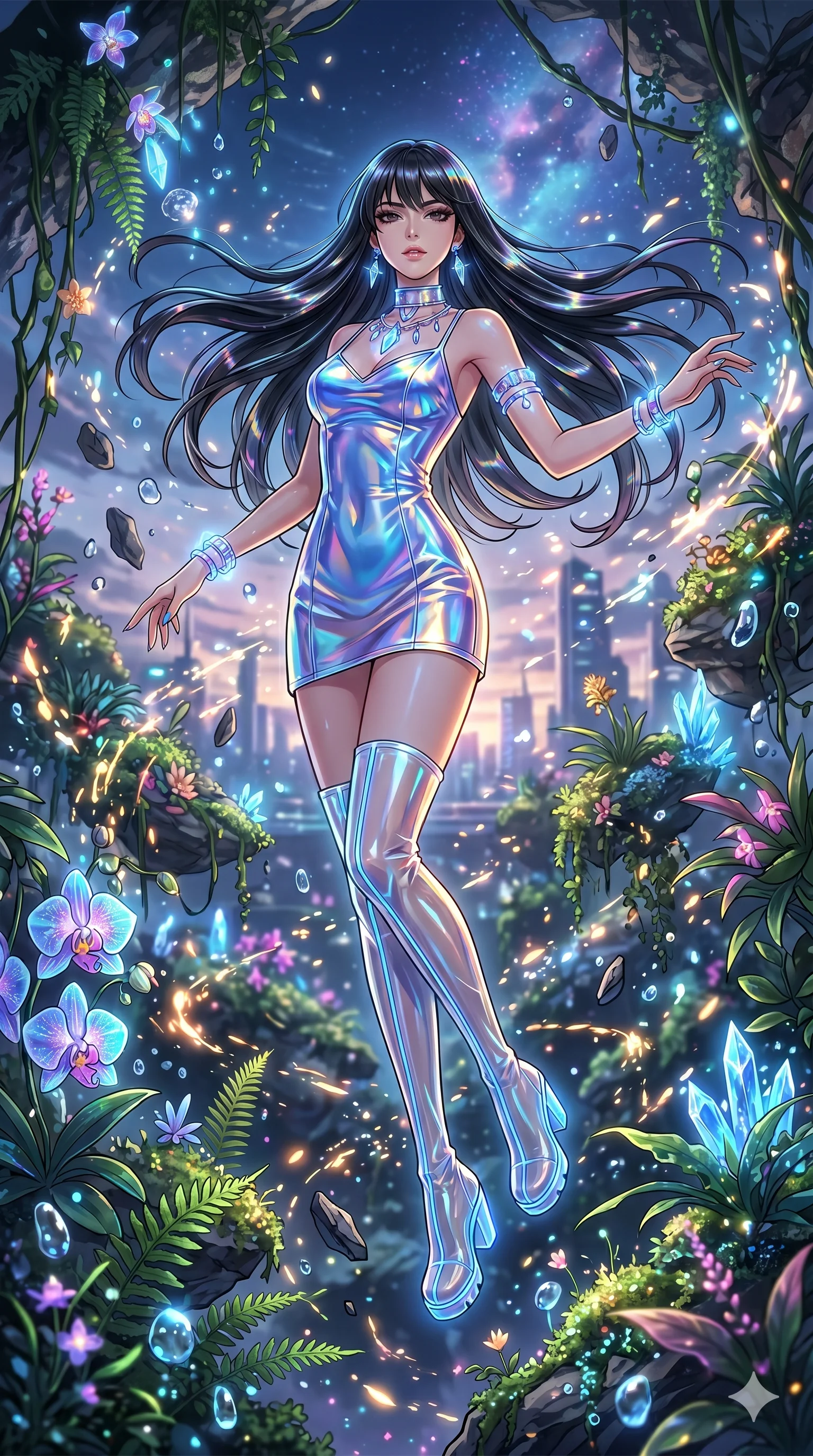 score_9, masterpiece, best quality, ultra-detailed, Set A: High-budget Anime Keyframe, Japanese woman. Low angle cowboy shot filling the entire 9:16 frame with her statuesque presence. Floating through a floating botanical garden, as gravity fails and everything around her floats in state 216 and surrounded by glowing energy sparks. She has an absolutely perfect 8-heads proportion, an exceptionally tall and slender female figure with impossibly long slender legs and an ultra-slim waist. Sharp v-shaped jawline, high-bridge nose, intricate jewel-like eyes with depth, thick eyelashes, glossy lips with a natural sheen. Wearing Holographic vinyl mini-dress with transparent PVC boots and glowing jewelry. Cinematic lighting, vibrant colors, dramatic shadows, 2k, ultra detail, master piece, 9:16 ratio
