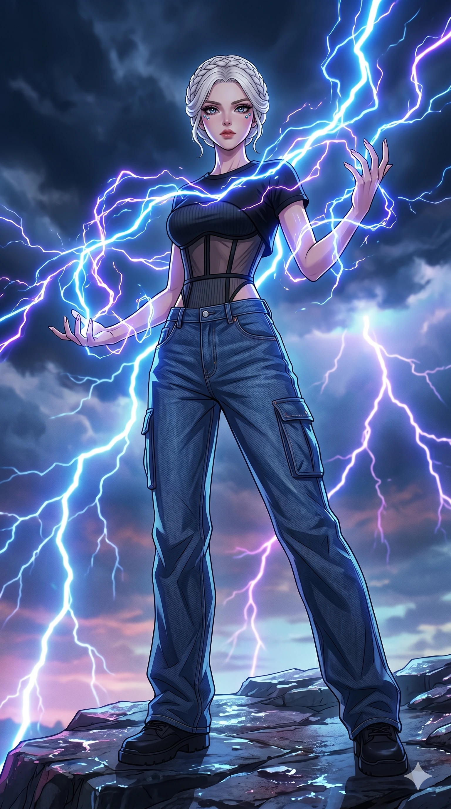 score_9, masterpiece, best quality, ultra-detailed, high-budget anime movie keyframe, cinematic anime lighting, intricate line art, Caucasian (strictly human ears) woman. Low angle cowboy shot capturing a powerful motion and statuesque presence. summoning a spirit of lightning that dances around her shoulders. She has an absolutely perfect 8-heads proportion, an exceptionally tall and slender female figure with an ultra-slim waist and impossibly long slender legs. strictly human anatomy, two legs only, no extra limbs, clearly defined legs and arms, perfect anatomy, perfect hands and fingers. sharp v-shaped jawline, high-bridge nose, intricate jewel-like eyes, thick eyelashes, glossy lips. Wearing Urban Trendsetter: Ribbed bodycon dress, crop top with high-waist denim, and sheer corset with cargo pants. The scene is illuminated by dramatic atmospheric lighting and vibrant color palettes. , 2k, ultra detail, master piece, 9:16 ratio