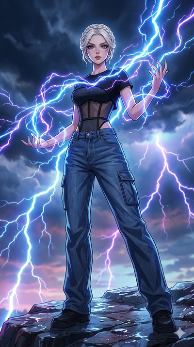 score_9, masterpiece, best quality, ultra-detailed, high-budget anime movie keyframe, cinematic anime lighting, intricate line art, Caucasian (strictly human ears) woman. Low angle cowboy shot capturing a powerful motion and statuesque presence. summ