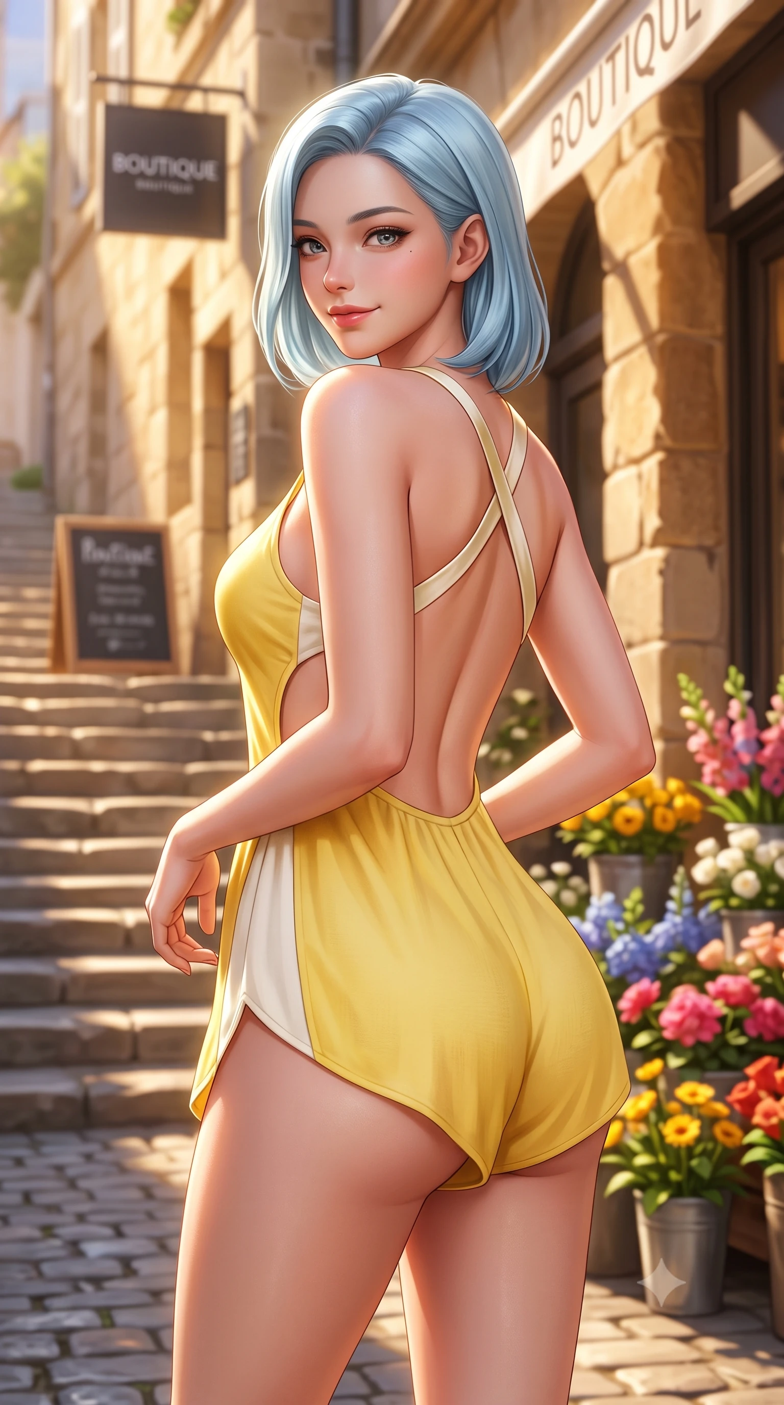 score_9, masterpiece, best quality, ultra-detailed, high-budget anime keyframe, semi-realistic 3D game render, editorial fashion photography, tasteful artistic composition, Korean woman. close-up cowboy shot from the waist and thighs up, the character dominates the composition, filling the frame with her large presence. posing in an alluring rear three-quarter angle, turning over a bare shoulder with an intoxicating cute smile, her hips cocked back to highlight her slim hourglass curve while pausing beside an outdoor Parisian-style flower stall on the sloping cobblestone alley, arching her back with a bright, charming smile. The composition keeps background elements in soft focus with dreamy creamy bokeh. sun-dappled stone steps and modern boutique signage softened in stylish urban shallow focus. She has an exceptionally elegant, slender, and willowy female figure with an ultra-slim waist, flat toned midriff, narrow ribcage, and sculpted feminine hips creating an alluring, slim hourglass silhouette without bulk. sharp v-shaped jawline, high-bridge nose, intricate jewel-like sparkling eyes with depth, thick eyelashes, glossy parted lips with a natural peach sheen, bright cheerful beaming smile with an enchanting and coquettish sensual glint, exuding both youthful cute charm and seductive allure, flawlessly proportioned anatomical accuracy, strict slender model proportions, natural body alignment, perfectly sculpted long slender limbs, ultra-slim waistline, clean dynamic posture without body distortion. wearing a second-skin stretch cotton camisole romper with high-cut leg openings and an open back in bright butter yellow and fresh cream white, crafted from soft breathable linen with effortless natural drape, finished with criss-cross back satin straps highlighting her graceful shoulder blades, the precision-cut side openings and low-back scoop framing her graceful spine and the sensual sweep of her slim, toned hips. bathed in glorious golden hour afternoon sunlight reflecting off warm stone facades. highly saturated vibrant anime colors, detailed shading with soft gradients, rich glossy textures, high-contrast stereoscopic depth, volumetric dynamic lighting, master piece, 9:16 ratio