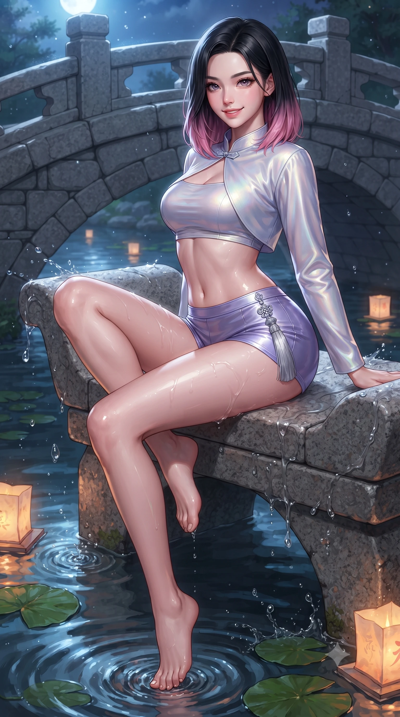 score_9, masterpiece, best quality, ultra-detailed, high-budget anime keyframe, editorial fashion photography, tasteful artistic composition, Korean woman. close-up cowboy shot from the waist and thighs up, the character dominates the composition, filling the frame with her large presence. perched sideways on the lounge seat, one knee drawn up to showcase her slender leg line while her arched back accentuates her feminine hip curve while twisting her slender torso in an alluring S-curve, water rippling below casting liquid reflections over her flat midriff and hips. The surrounding environment is rendered in vivid detail and crisp panoramic clarity: sharp granite stone bridge masonry, water droplet splashes, and water lily leaf clarity in deep focus. She has an exceptionally elegant, slender, and willowy female figure with an ultra-slim waist, flat toned midriff, narrow ribcage, and sculpted feminine hips creating an alluring, slim hourglass silhouette without bulk. sharp v-shaped jawline, high-bridge nose, sparkling eyes with hypnotic seductive depth, thick curled eyelashes, glossy parted lips with a natural dewy peach sheen, alluring bedroom-eyes with an enchanting coquettish smile, exuding magnetic siren charisma and sophisticated glamour, flawlessly proportioned anatomical accuracy, strict slender model proportions, natural body alignment, perfectly sculpted long slender limbs, ultra-slim waistline, clean dynamic posture without body distortion. wearing a modern two-piece royal silk loungewear set featuring an open-front short bolero and form-fitting silk hot-pants in iridescent mother-of-pearl and misty lavender, crafted from wet-look high-gloss vinyl fabric with dazzling specular surface reflections, accented with an intricate silver norigae tassel swaying gracefully along her curving hip line, the second-skin tailored fabric adhering flawlessly to her sculpted flat midriff and slender torso, emphasizing her long leg lines and perfectly proportioned willowy build. bathed in radiant celestial moonlight combined with floating candle lantern glows from the stream. ultra-reflective glossy finish, specular highlights, rich textural contrasts, high-contrast stereoscopic depth, volumetric dynamic lighting, 2k, ultra detail, master piece, 9:16 ratio