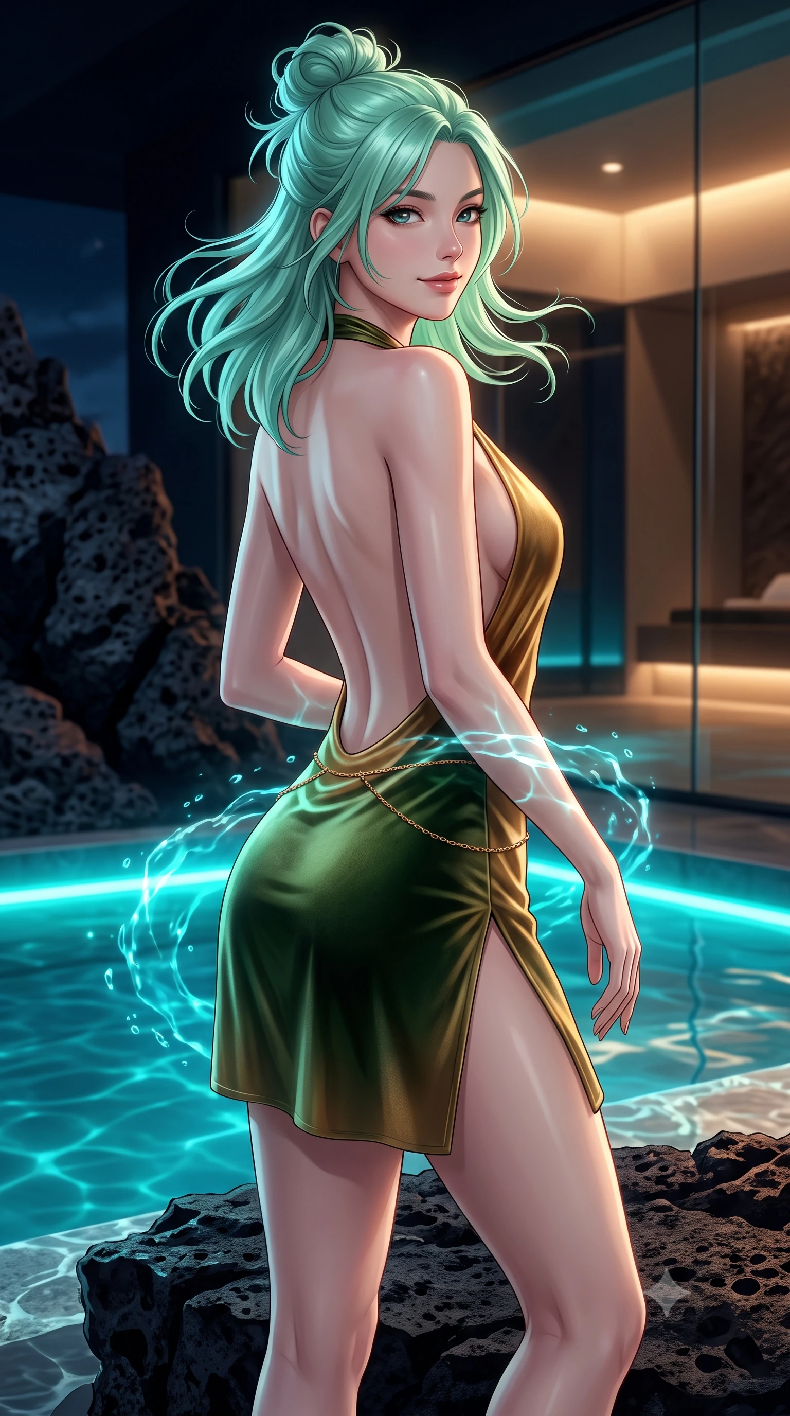 score_9, masterpiece, best quality, ultra-detailed, high-budget anime keyframe, editorial fashion photography, tasteful artistic composition, Japanese woman. close-up cowboy shot from the waist and thighs up, the character dominates the composition, filling the frame with her large presence. turning slowly with an enchanting smoldering smile, her glossy hair tossing in the breeze as her hips angle gracefully in a captivating contrapposto while twisting her slender torso in an alluring contrapposto stance on the lava rock ledge, glowing cyan water caustics wrapping around her flat midriff and hips. The surrounding environment is rendered in vivid detail and crisp panoramic clarity: sharp porous volcanic black basalt rock textures, silica water edge mineral rings, and frameless structural glass bevels in deep focus. She has an exceptionally elegant, slender, and willowy female figure with an ultra-slim waist, flat toned midriff, narrow ribcage, and sculpted feminine hips creating an alluring, slim hourglass silhouette without bulk. sharp v-shaped jawline, high-bridge nose, intricate jewel-like sparkling eyes with depth, thick eyelashes, glossy parted lips with a natural peach sheen, bright cheerful beaming smile with an enchanting and coquettish sensual glint, exuding both youthful cute charm and seductive allure, flawlessly proportioned anatomical accuracy, strict slender model proportions, natural body alignment, perfectly sculpted long slender limbs, ultra-slim waistline, clean dynamic posture without body distortion. wearing a provocative backless halterneck silk lamé mini dress with deep scoop back down to her lower spine and thigh-high slit in Japanese hinoki cedar honey and Kyoto matcha jade, tailored from ultra-plush silk velvet with rich tactile depth and deep shadow gradients, accented with a dainty gold belly chain resting across her flat midriff and curving hips, the bespoke structured tailoring following the natural line of her 8.5-heads silhouette with refined elegance. bathed in underwater pool turquoise-cyan LEDs combined with soft warm 2700K interior cove lighting through glass. ultra-reflective glossy finish, specular highlights, rich textural contrasts, high-contrast stereoscopic depth, volumetric dynamic lighting, 2k, ultra detail, master piece, 9:16 ratio