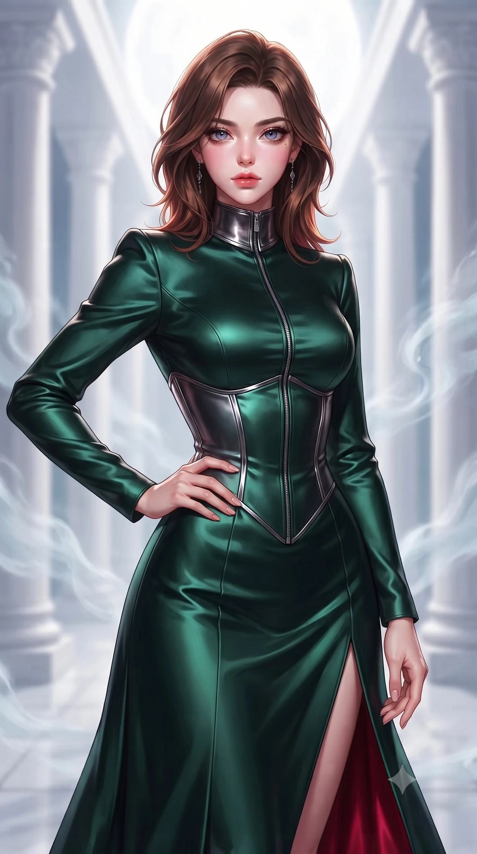 score_9, masterpiece, best quality, ultra-detailed, high-budget anime keyframe, editorial fashion photography, tasteful artistic composition, Korean woman. close-up cowboy shot from the waist and thighs up, the character dominates the composition, filling the frame with her large presence, background elements kept in soft focus. Holding a confident power pose with one hand on her hip, poised on an alabaster walkway flooded with cold silver moonbeams, alabaster columns framed by gentle water vapor in soft background focus. She has an exceptionally elegant, slender, and willowy female figure with an ultra-slim waist, a gracefully sculpted slender torso, and a refined silhouette. sharp v-shaped jawline, high-bridge nose, intricate jewel-like eyes with depth, thick eyelashes, glossy lips with a natural sheen. wearing long-sleeved dark emerald satin gown with high structured collar in metallic dark silver, made of soft crimson satin, finished with metallic silver boning and sleek zipper points, accentuating her gracefully sculpted slender torso. lit by clear moonbeam key rays casting soft graceful shadows. highly saturated vibrant anime colors, detailed shading with soft gradients, rich glossy textures, high-contrast stereoscopic depth, volumetric dynamic lighting, master piece, 9:16 ratio