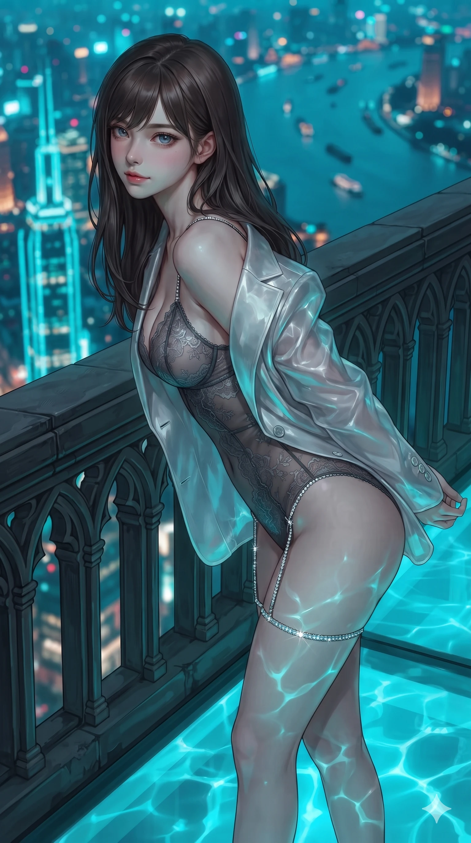 score_9, masterpiece, best quality, ultra-detailed, high-budget anime keyframe, editorial fashion photography, tasteful artistic composition, Korean woman. close-up cowboy shot from the waist and thighs up, the character dominates the composition, filling the frame with her large presence. leaning forward over the carved stone gothic balustrade, looking back with sleepy seductive bedroom-eyes as water reflections dance across her silhouette while walking slowly along the suspended glass pool deck, looking back over her shoulder with an air of effortless grace and an alluring, smoldering smile as river traffic glides thousands of feet below. The background shows a soft-focus glowing turquoise water ripples over transparent acrylic, soaring neon skyscraper spires below, and distant river bends blurred into turquoise, sapphire, and amber bokeh. She has an exceptionally elegant, slender, and willowy female figure with an ultra-slim waist, flat toned midriff, narrow ribcage, and sculpted feminine hips creating an alluring, slim hourglass silhouette without bulk. sharp v-shaped jawline, high-bridge nose, intricate jewel-like sparkling eyes with depth, thick eyelashes, glossy parted lips with a natural sheen, intensely captivating and seductive bedroom-eyes expression, exuding both youthful cute charm and sovereign luxury allure, flawlessly proportioned anatomical accuracy, strict slender model proportions, natural body alignment, perfectly sculpted long slender limbs, ultra-slim waistline, clean dynamic posture without body distortion. wearing a delicate sheer French Chantilly lace teddy layered under an open tailored metallic blazer draped over bare shoulders in charcoal grey and polished chrome, crafted from translucent silk organza with an ethereal crystalline sheen, finished with delicate crystal-encrusted thigh garter straps glinting in the dim light, the impeccably tailored cut draping gracefully along her slender figure with aristocratic poise. bathed in the vibrant underwater turquoise illumination filtering through the glass floor mixed with warm overhead starlight. ultra-reflective glossy finish, specular highlights, rich textural contrasts, high-contrast stereoscopic depth, volumetric dynamic lighting, 2k, ultra detail, master piece, 9:16 ratio