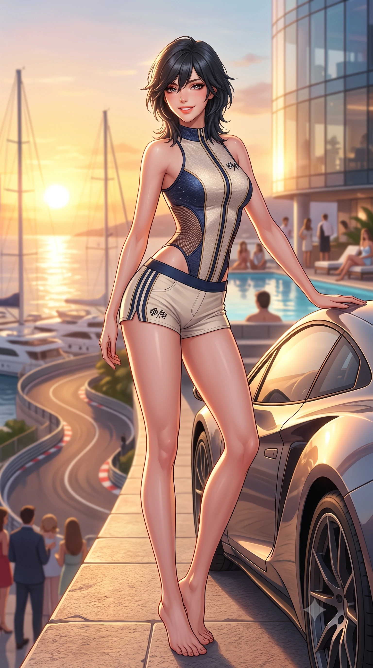 score_9, masterpiece, best quality, ultra-detailed, high-budget anime keyframe, semi-realistic 3D game render, editorial fashion photography, tasteful artistic composition, Caucasian woman. low angle full-body shot from head to toe showing her feet, filling the entire 9:16 vertical frame with her statuesque presence, stretching her vertical silhouette. standing in a tall, confident posture with one hand on the sports car roof, stretching her statuesque body as she arches her lower back to emphasize her sculpted feminine hips and slender waist while standing poised on the rooftop pool terrace directly overlooking the famous tight hairpin curve, arching her back with breathtaking glamour. The background shows a soft-focus chic rooftop pool patrons and luxury yacht masts softened in legendary Monaco Grand Prix shallow focus. She has an absolutely perfect, statuesque 8.5-heads proportion, an exceptionally tall and slender model-like female figure with impossibly long slender legs, an ultra-slim waist, a flat toned midriff, narrow delicate ribcage, and beautifully sculpted feminine hips creating a graceful, slim hourglass silhouette without any bulky heaviness. sharp v-shaped jawline, high-bridge nose, sparkling eyes with athletic focus and depth, thick curled eyelashes, glossy parted lips with a natural coral-peach sheen, bright confident and coquettish smile with alluring bedroom-eyes, exuding both youthful sporty vigor and sovereign high-society glamour, flawlessly proportioned anatomical accuracy, strict slender model proportions, natural body alignment, perfectly sculpted long slender limbs, ultra-slim waistline, clean dynamic posture without body distortion. wearing a cut-out racing bodysuit with side-torso mesh inserts and low-rise tailored tennis shorts in retro tennis cream and navy blue stripes, woven from metallic lurex and technical nylon with subtle starlight glints, finished with contrasting racing stripe tape and subtle checkered flag embroidery, the glove-like aerodynamic silhouette tightly following the natural contour of her hips and long slender legs with youthful 8.5-heads elegance. bathed in molten golden hour sunset light reflecting off the Mediterranean Sea and hotel glass. highly saturated vibrant anime colors, detailed shading with soft gradients, rich glossy textures, high-contrast stereoscopic depth, volumetric dynamic lighting, master piece, 9:16 ratio