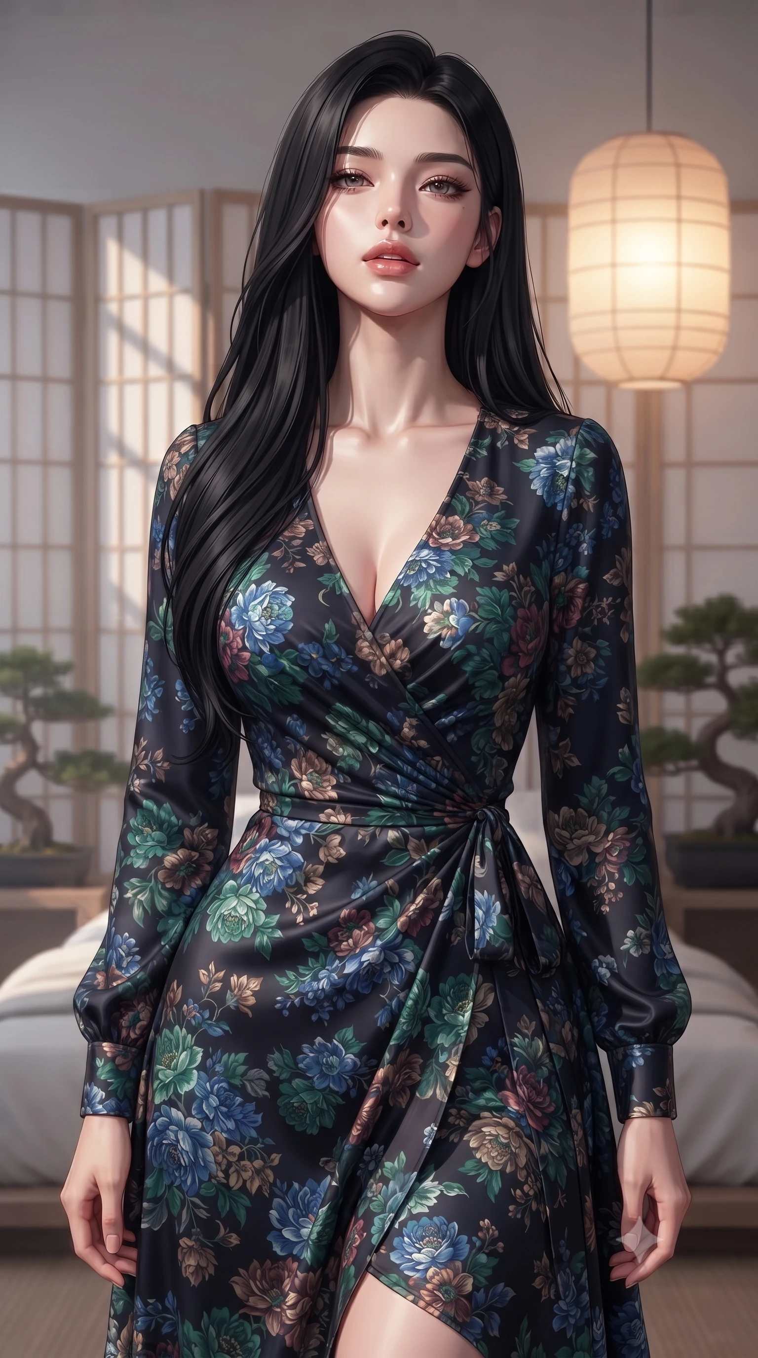 score_9, masterpiece, best quality, ultra-detailed, high-budget anime keyframe, editorial fashion photography, tasteful artistic composition, Korean woman woman. close-up cowboy shot from the waist and thighs up, the character dominates the composition, filling the frame with her large presence, background elements kept in soft focus. tilting her chin up slightly with lips parted in a composed, provocative expression the background shows a soft-focus a modern bedroom decorated with folding paper screens and bonsai plants. She has an exceptionally elegant, slender, and willowy female figure with an ultra-slim waist, a gracefully sculpted slender torso, and a refined silhouette. sharp v-shaped jawline, high-bridge nose, intricate jewel-like eyes with depth, thick eyelashes, glossy lips with a natural sheen. wearing a form-contouring flowy floral-patterned wrap dress with long sleeves and a modest V-neck. warm glowing paper lanterns casting soft, diffused grid-like shadow lines. ultra-reflective glossy finish, specular highlights, metallic sheen, high-contrast stereoscopic depth, volumetric dynamic lighting, 2k, ultra detail, master piece, 9:16 ratio