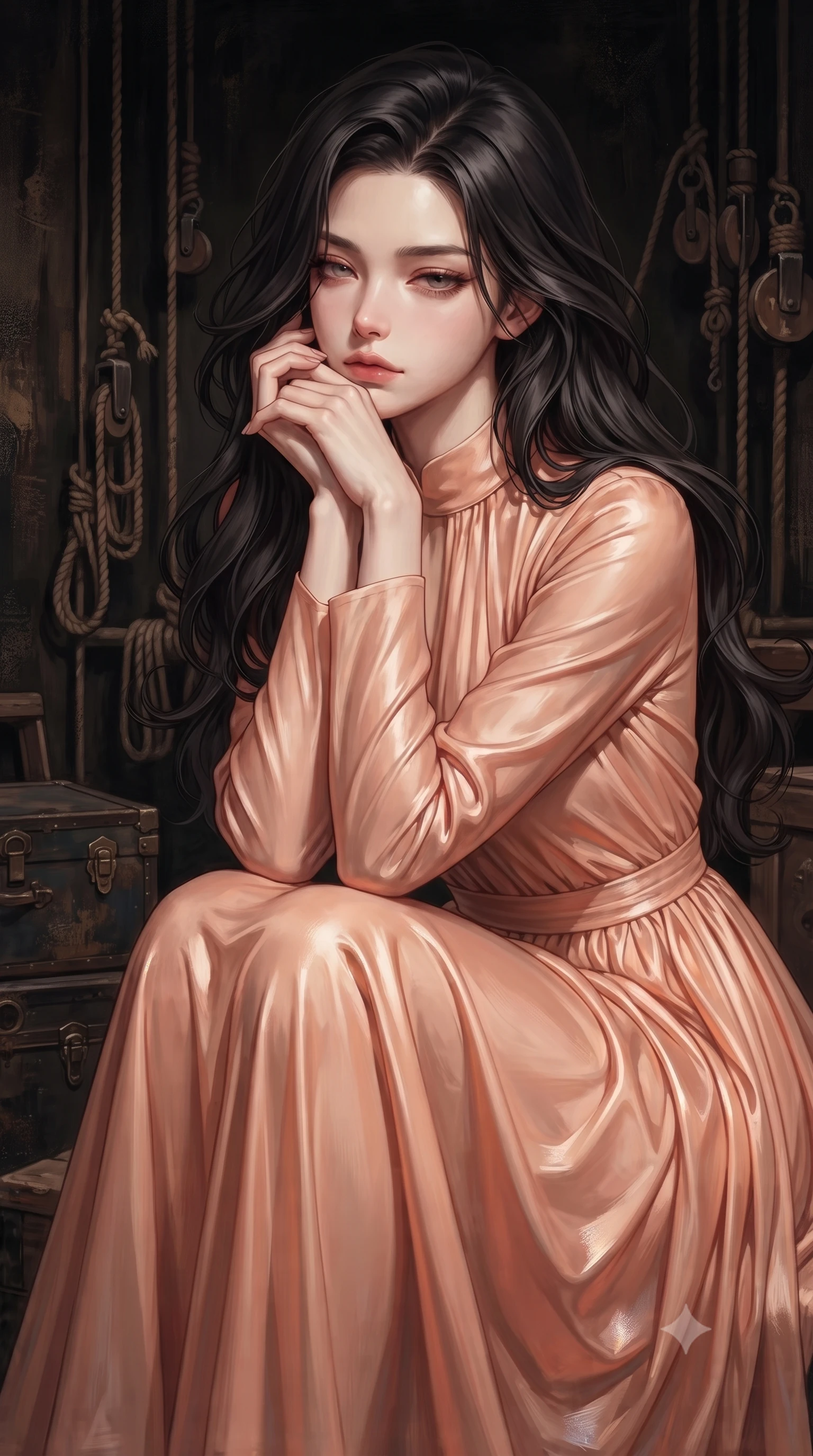 score_9, masterpiece, best quality, ultra-detailed, high-budget anime keyframe, editorial fashion photography, tasteful artistic composition, Korean woman. close-up cowboy shot from the waist and thighs up, the character dominates the composition, filling the frame with her large presence, background elements kept in soft focus. resting her chin on the backs of her fingers, casting a heavy-lidded, sultry look past the camera the background shows a soft-focus a vintage stage wing with ropes, pulleys, and wooden trunks in the dark. She has an exceptionally elegant, slender, and willowy female figure with an ultra-slim waist, a gracefully sculpted slender torso, and a refined silhouette. sharp v-shaped jawline, high-bridge nose, intricate jewel-like eyes with depth, thick eyelashes, glossy lips with a natural sheen. wearing a form-contouring flowy peach-colored chiffon lounge gown with long sleeves and a modest high collar. dramatic chiaroscuro lighting focusing on her athletic, slender build. ultra-reflective glossy finish, specular highlights, metallic sheen, high-contrast stereoscopic depth, volumetric dynamic lighting, 2k, ultra detail, master piece, 9:16 ratio