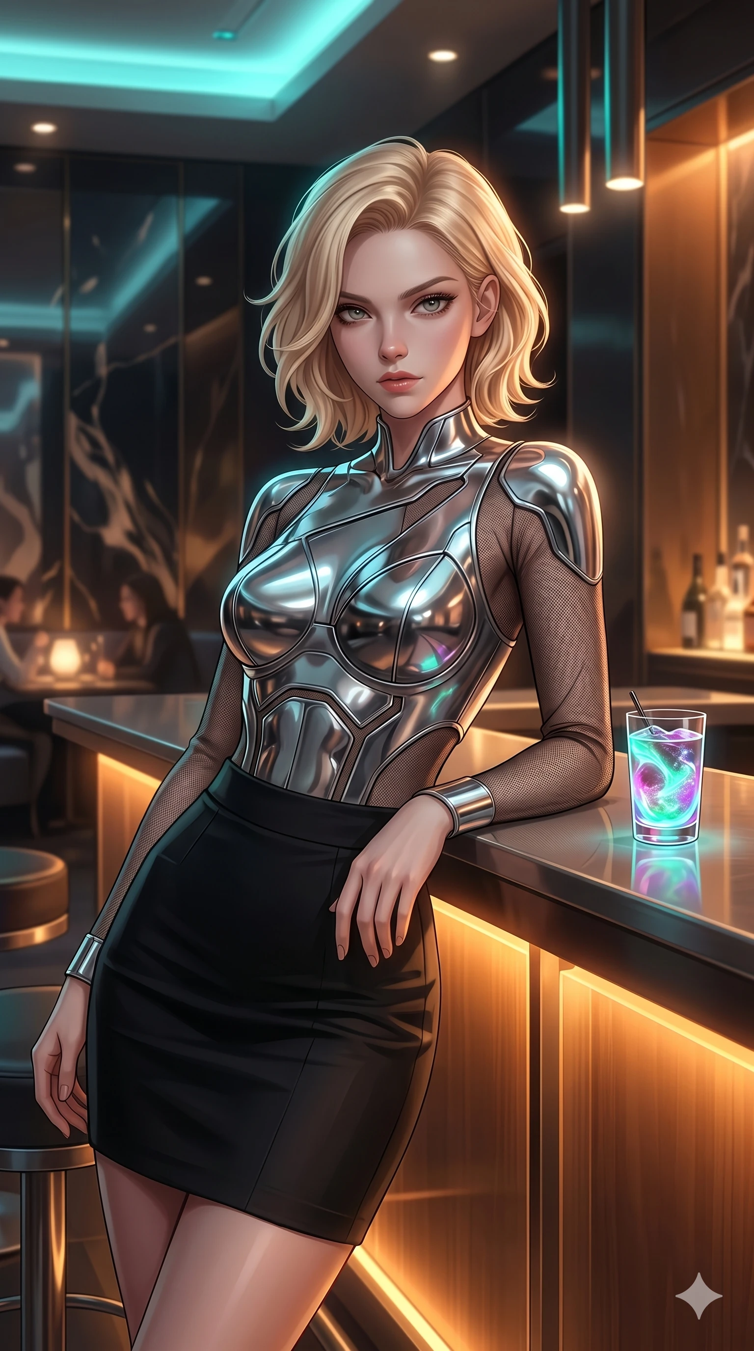score_9, masterpiece, best quality, ultra-detailed, high-budget anime keyframe, editorial fashion photography, tasteful artistic composition, Caucasian woman, strictly human ears. Upper body close-up from the thighs up, character filling the screen for maximum presence. Leaning against the bar of a high-tech lounge, swirling a glowing cocktail, looking at the camera with an intense, curious glance. She is wearing an asymmetrical liquid-chrome top with sheer mesh sleeves and a high-waisted skirt. The scene is lit by warm amber under-counter lighting and a cool cyan accent light from the ceiling. 2k, ultra detail, master piece, 9:16 ratio